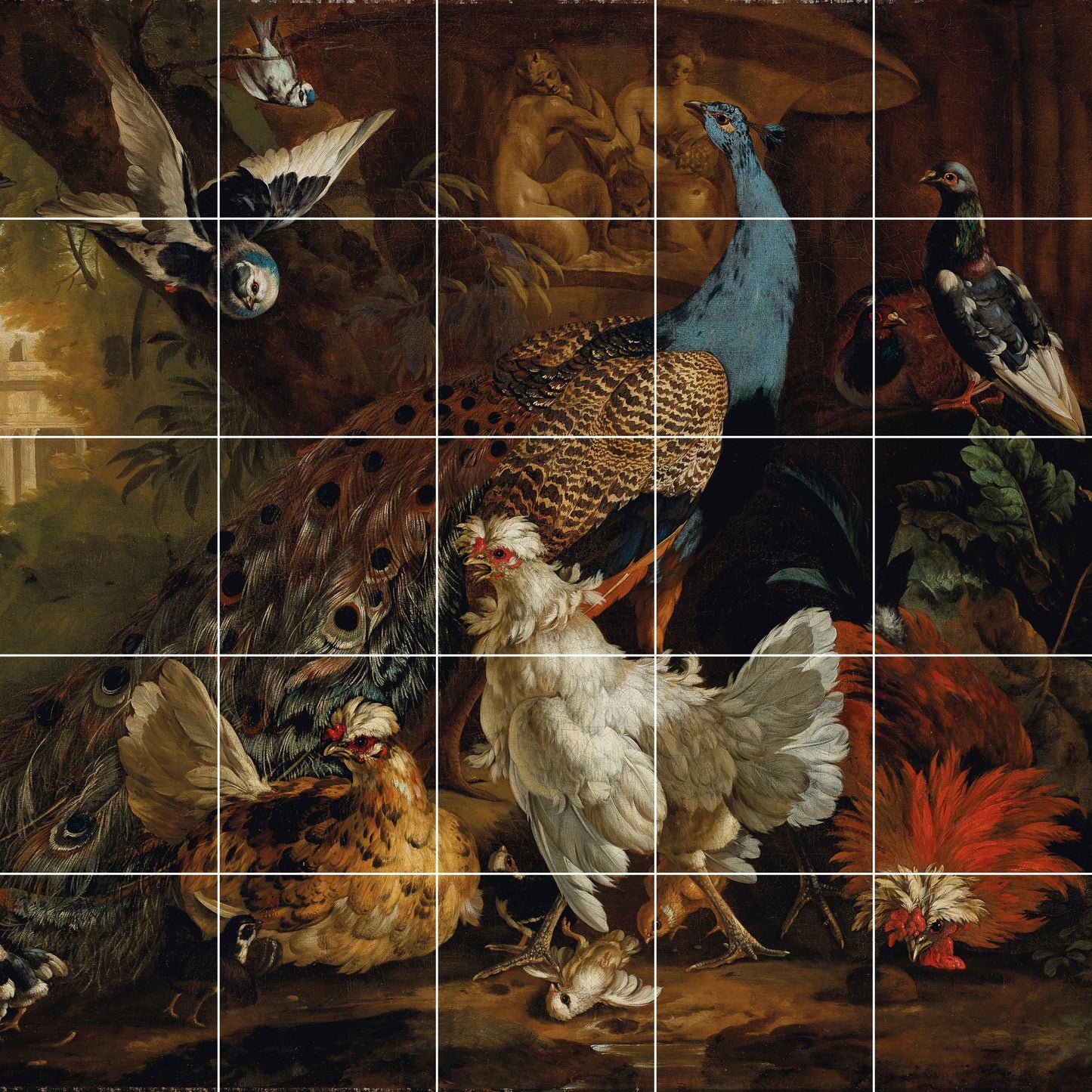 Tile Mural/Mosaic Ceramic Panel of a A peacock, chickens, pigeons - Casteels - Wall Art Painting - Botanical Bird -Tile Mural -Tile Mosaic