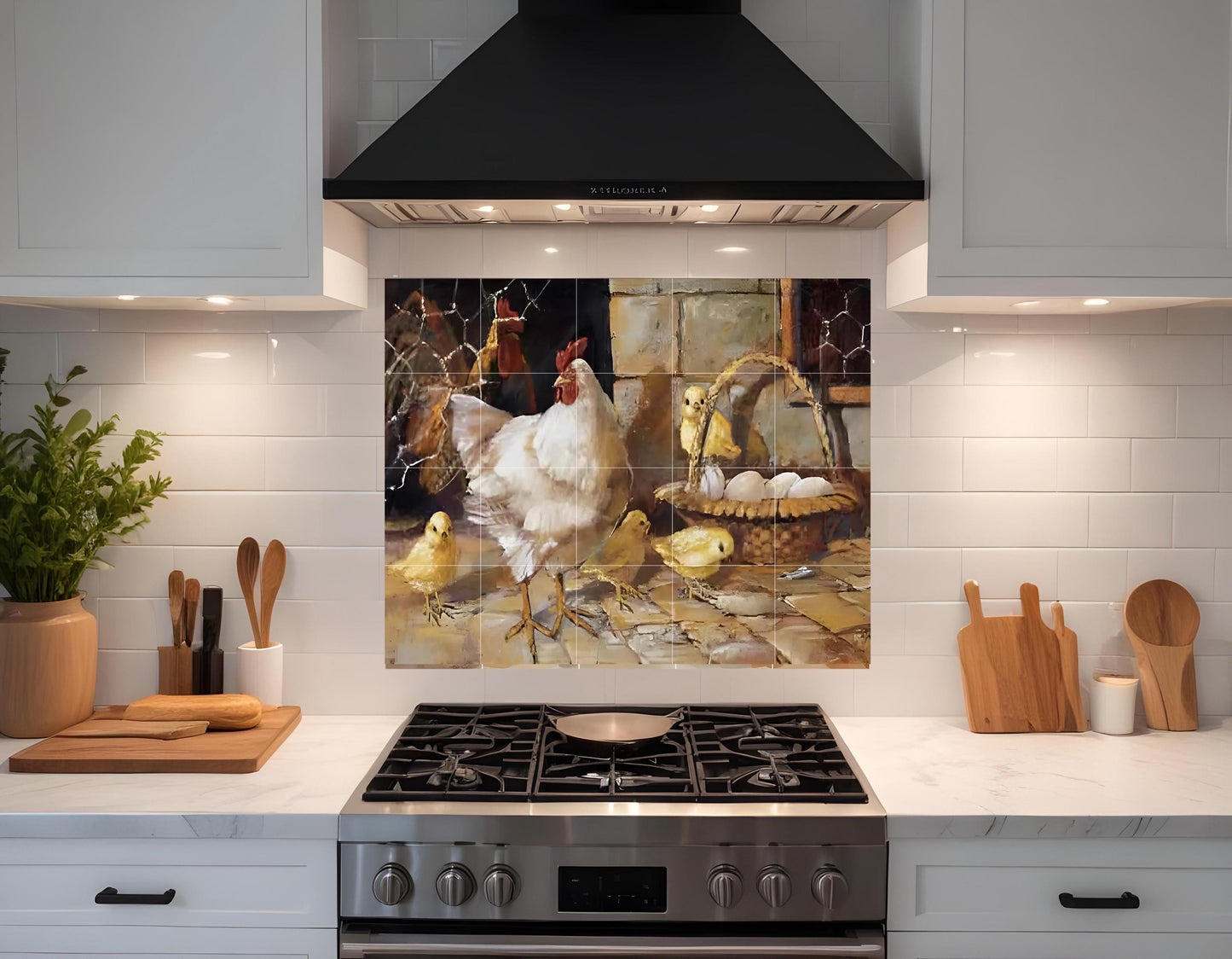 Tile Mural/Mosaic Ceramic Panel of a Rooster-Countryside Mural - Rooster print -Rooster Mural -Tile Mural - Gloss Tiles -Chicken Tile Mosaic