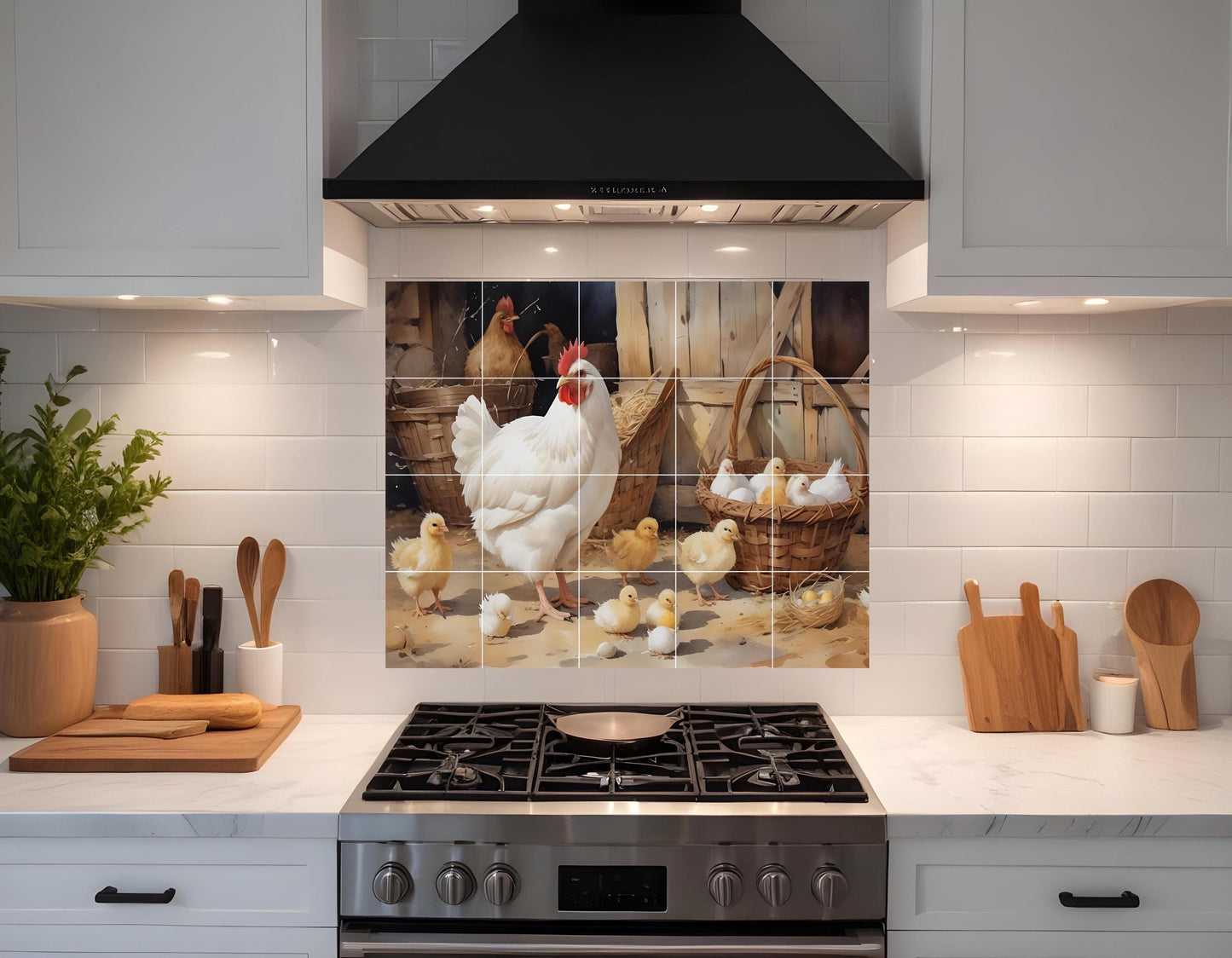 Tile Mural/Mosaic Ceramic Panel of a Rooster-Countryside Mural - Rooster print -Rooster Mural -Tile Mural - Gloss Tiles -Chicken Tile Mosaic