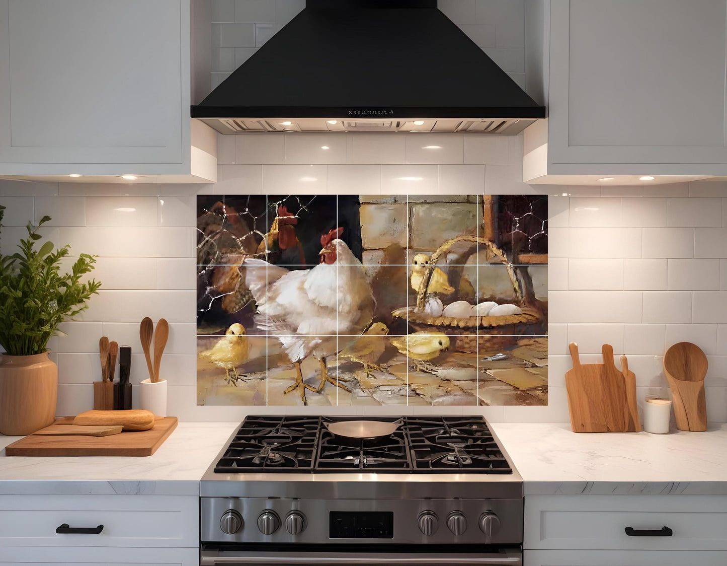 Tile Mural/Mosaic Ceramic Panel of a Rooster-Countryside Mural - Rooster print -Rooster Mural -Tile Mural - Gloss Tiles -Chicken Tile Mosaic