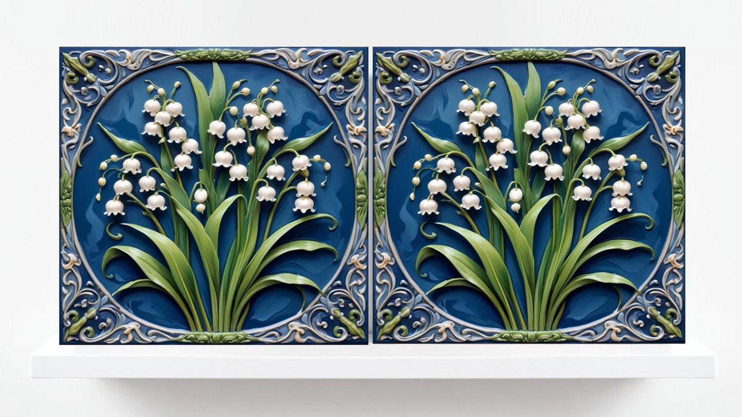 Art Nouveau Flower Ceramic Tiles - Set of 2 Art Nouveau Wall Decor Tiles - Kitchen Backsplash Tiles, Table Decorative Tiles, Bathroom Tiles