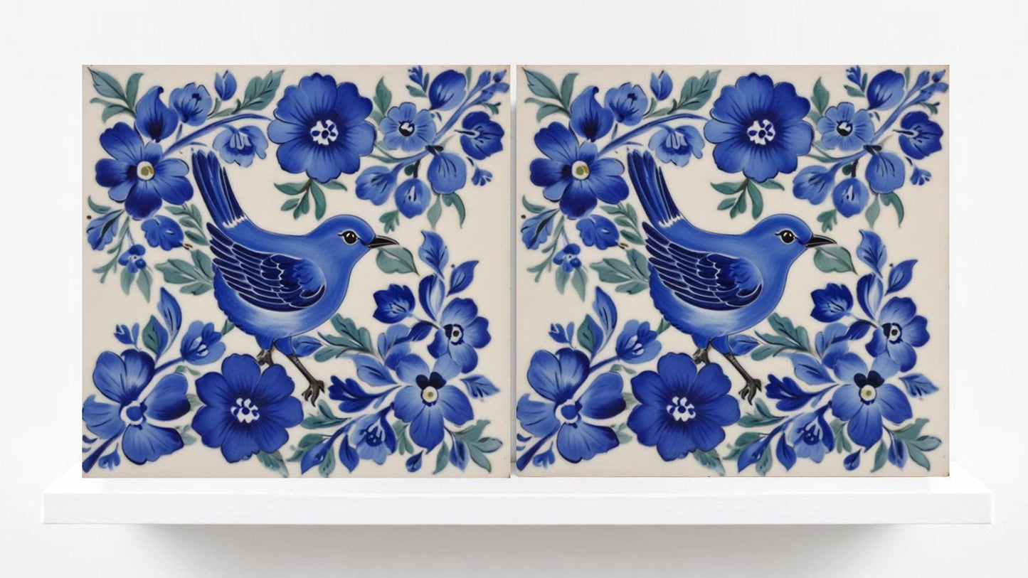 Bird and Flowers Ceramic Tiles -Set of 2 Bird Tile Backsplash Wall Decor Bird Tile Bathroom Bird and Floral Art Print Shower Walls Tile Blue