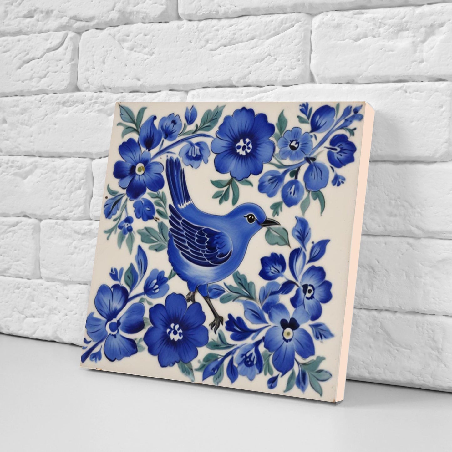 Bird and Flowers Ceramic Tiles -Set of 2 Bird Tile Backsplash Wall Decor Bird Tile Bathroom Bird and Floral Art Print Shower Walls Tile Blue
