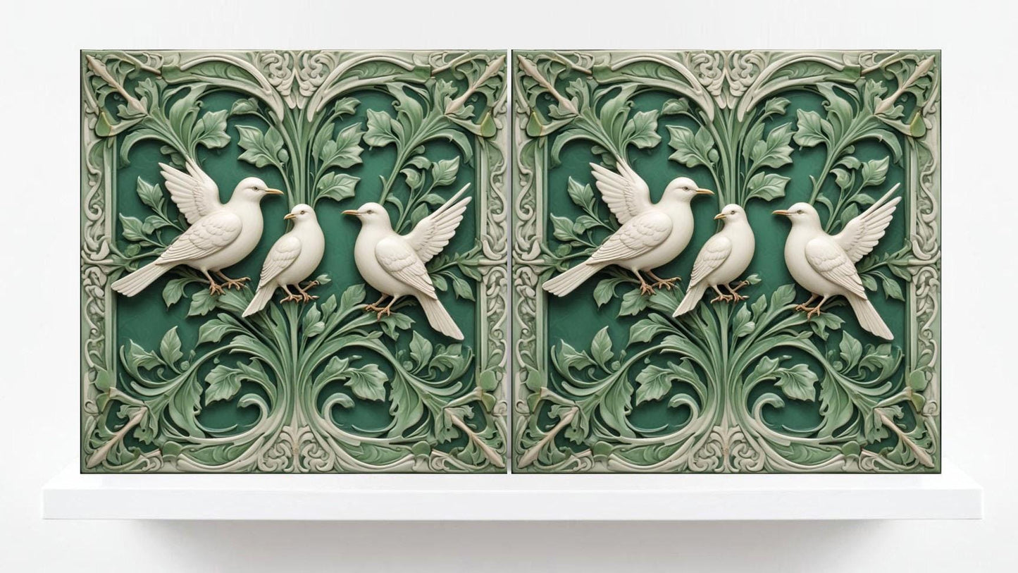 Art Nouveau Bird and Flower Ceramic tiles -Set of 2 Dove Wall Art Tile Bird and Tree Home Decor- Kitchen Backsplash -Bathroom- Shower -Sink