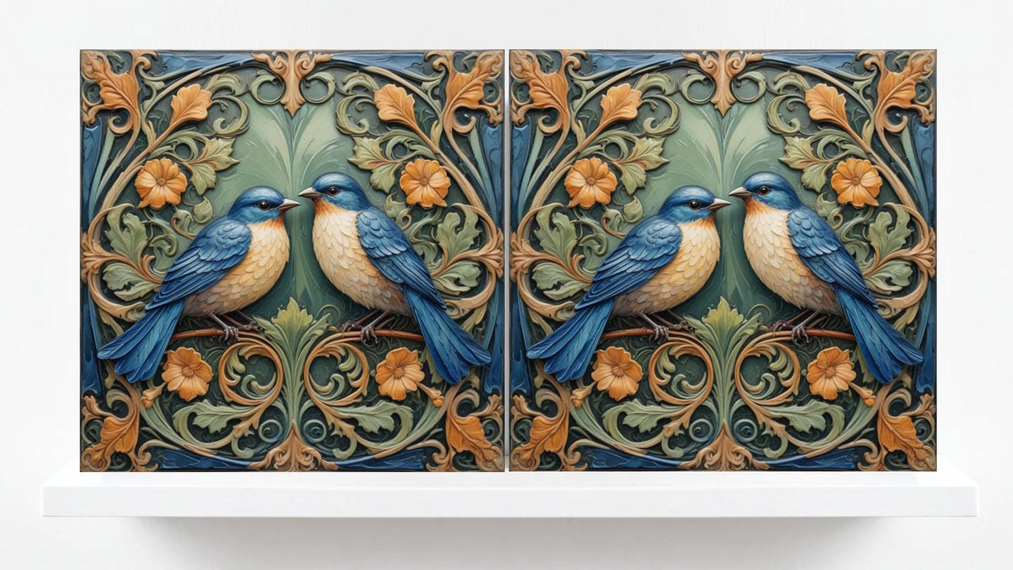 Art Nouveau Bird and Flower Ceramic tiles -Set of 2 Art Nouveau Bird Wall Decor Tiles,Bird Tiles -Kitchen Backsplash Tiles,Bathroom Tiles