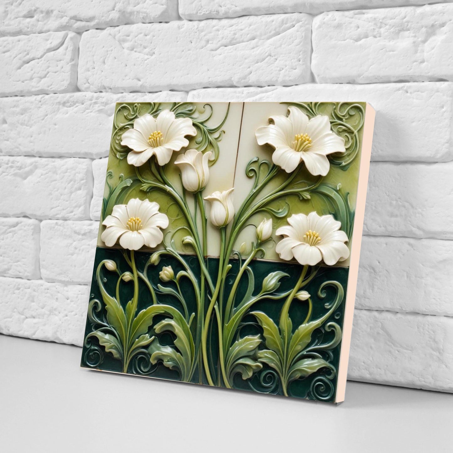 Art Nouveau Flower Ceramic tiles - Set of 2 Art Nouveau Wall Decor Tiles - Kitchen Backsplash Tiles, Table Decorative Tiles, Bathroom Tiles