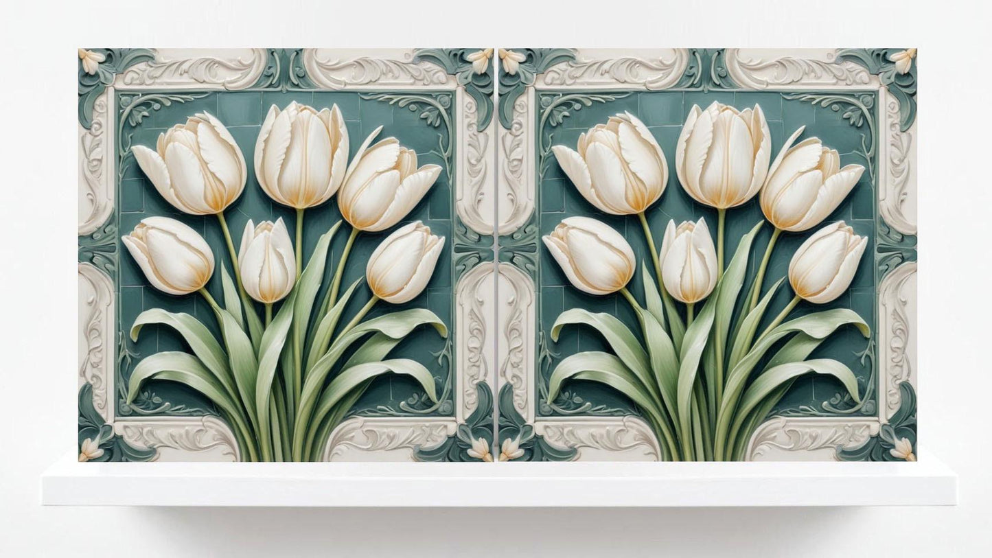 Art Nouveau Ceramic Tulip Tiles - Set of 2 Art Nouveau Wall Decor Tiles - Kitchen Backsplash Tiles, Table Decorative Tiles, Bathroom Tiles