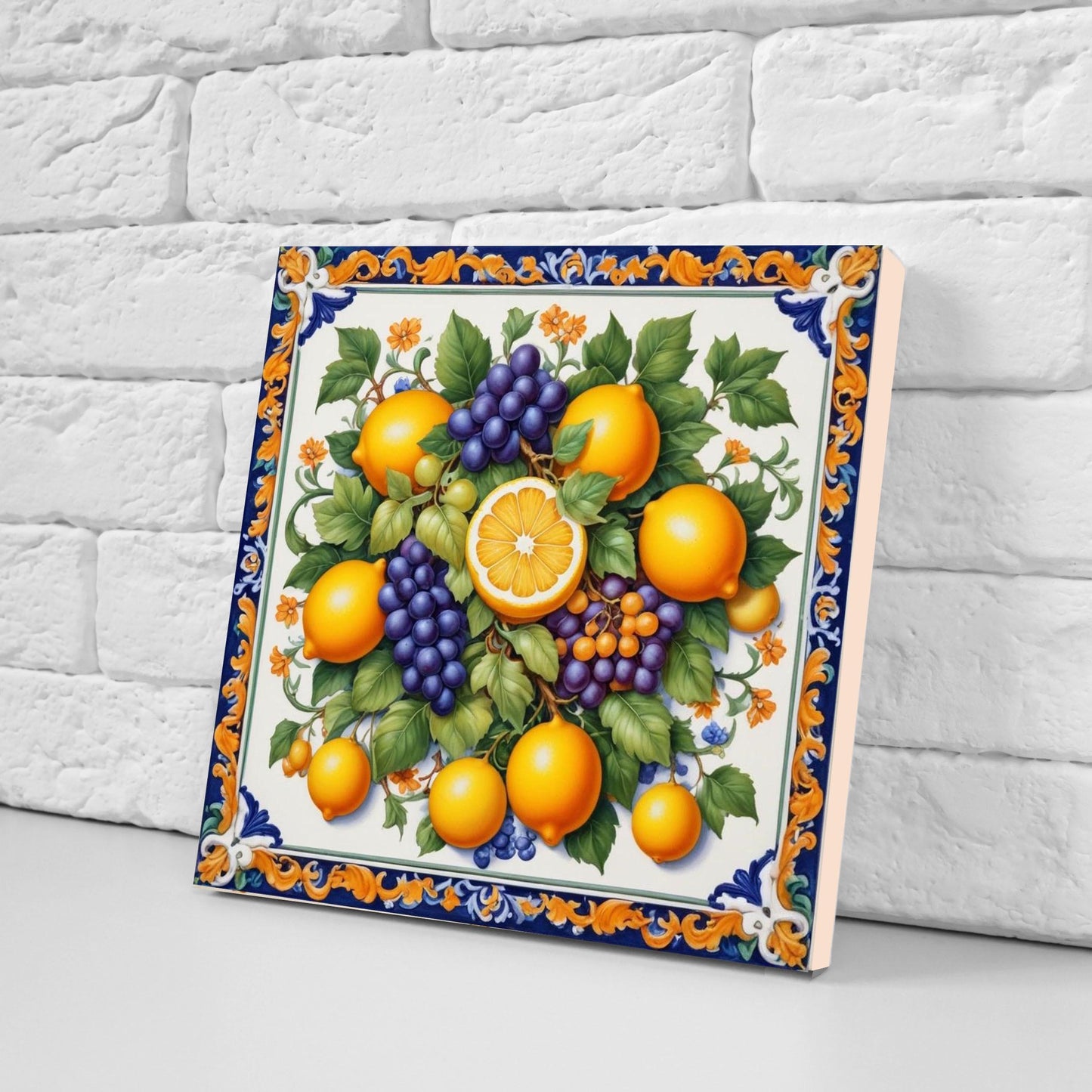 Italian Majolica Orange Fruit Tiles- Set of 2 Italian Wall Decor Tiles - Kitchen Backsplash Tiles, Shower Tiles, Bathroom Tiles, Coaster
