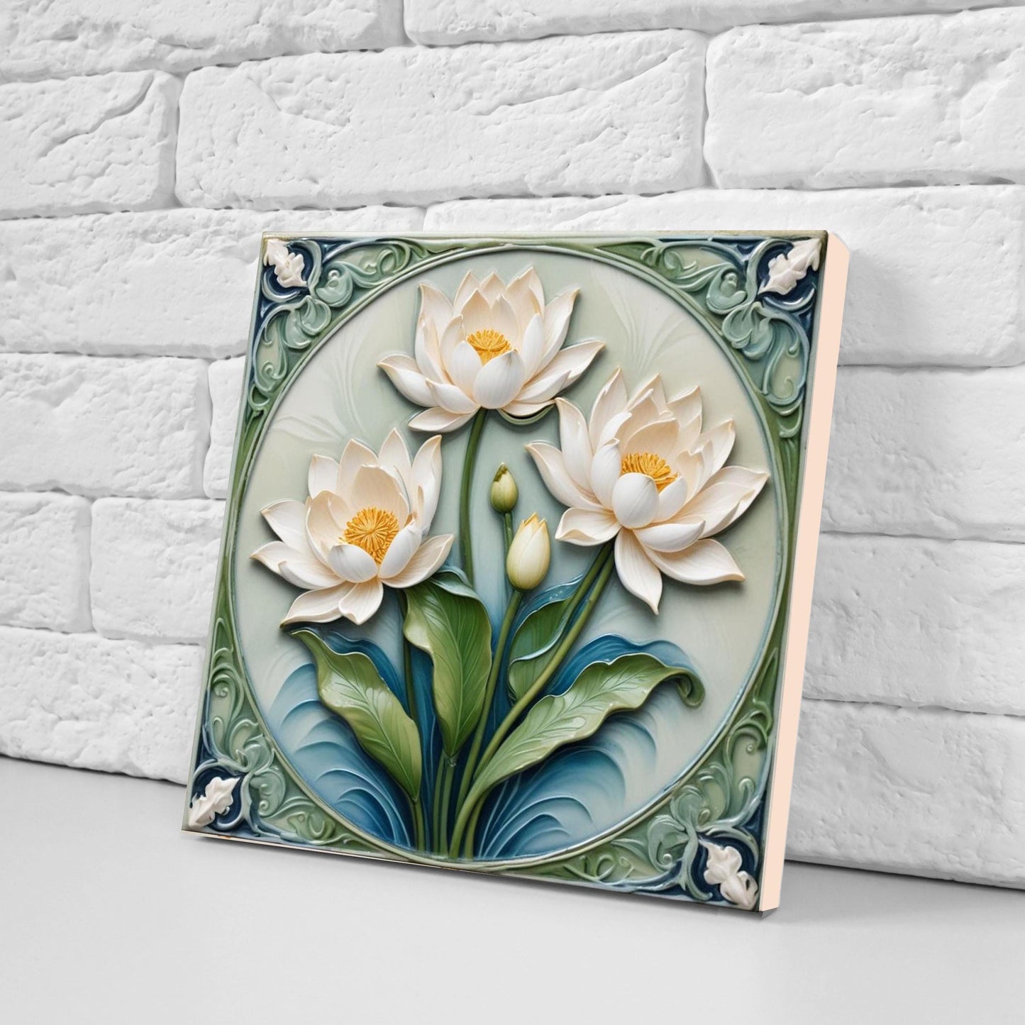 Lotus Tile Art Nouveau Flower Ceramic Tiles - Set of 2 Art Nouveau Wall Decor Tiles - Kitchen Backsplash Tiles, Shower Tiles, Bathroom Tiles