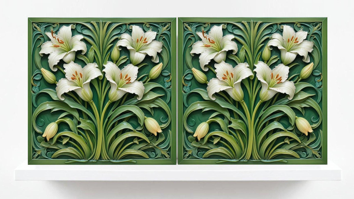 Art Nouveau Flower Ceramic Tiles - Set of 2 Art Nouveau Wall Decor Tiles - Kitchen Backsplash Tiles, Table Decorative Tiles, Bathroom Tiles