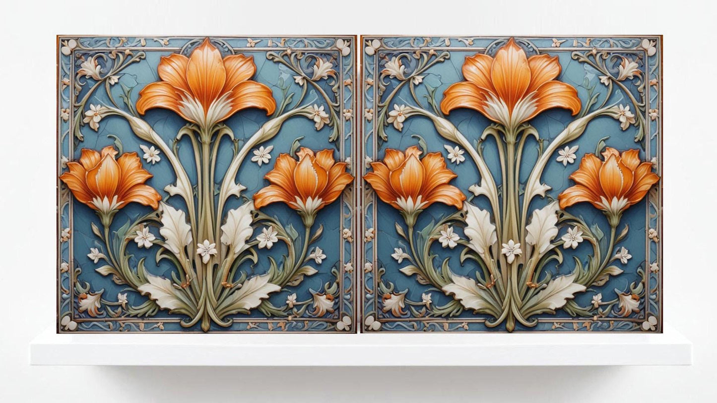 Art Nouveau Flower Ceramic tiles - Set of 2 Botanical Wall Decor Tiles - Kitchen Backsplash,Bathroom,Shower Wall, Sink Splashback,Fireplace
