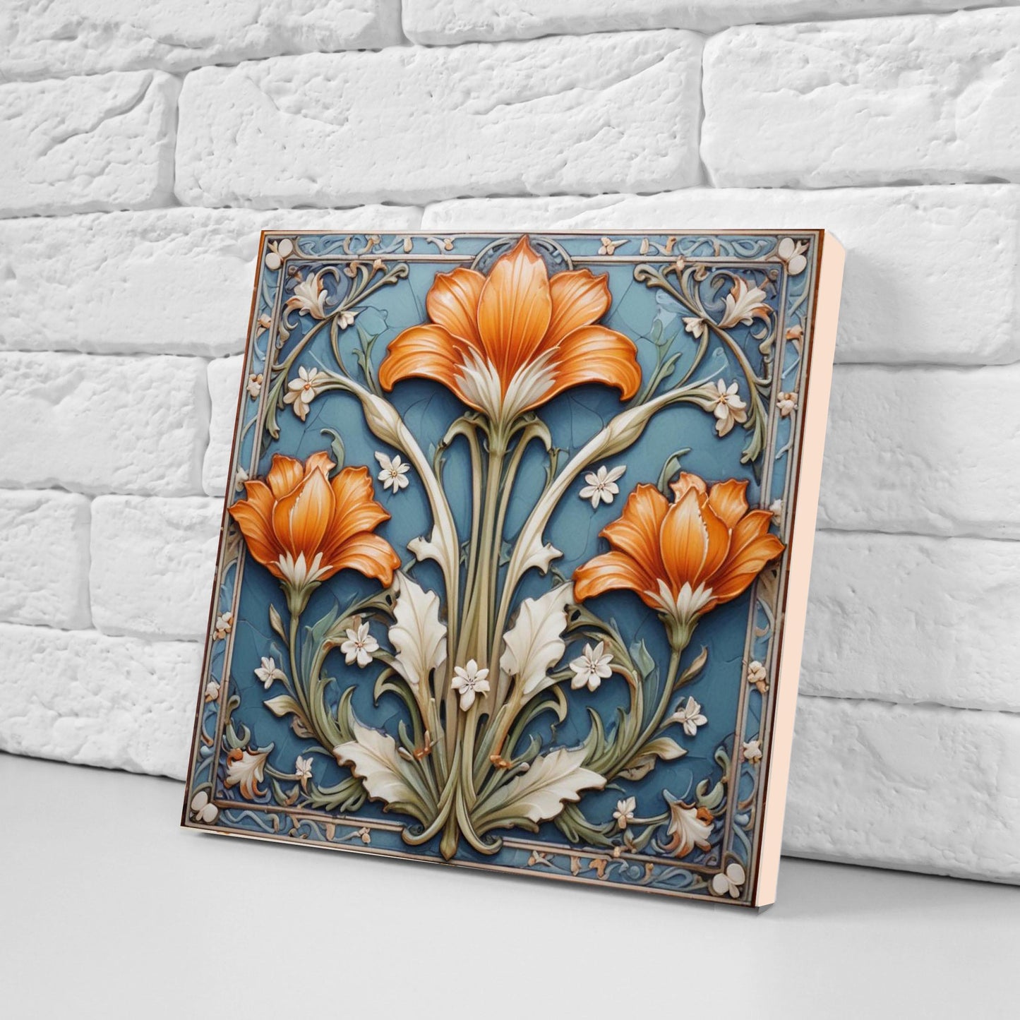 Art Nouveau Flower Ceramic tiles - Set of 2 Botanical Wall Decor Tiles - Kitchen Backsplash,Bathroom,Shower Wall, Sink Splashback,Fireplace