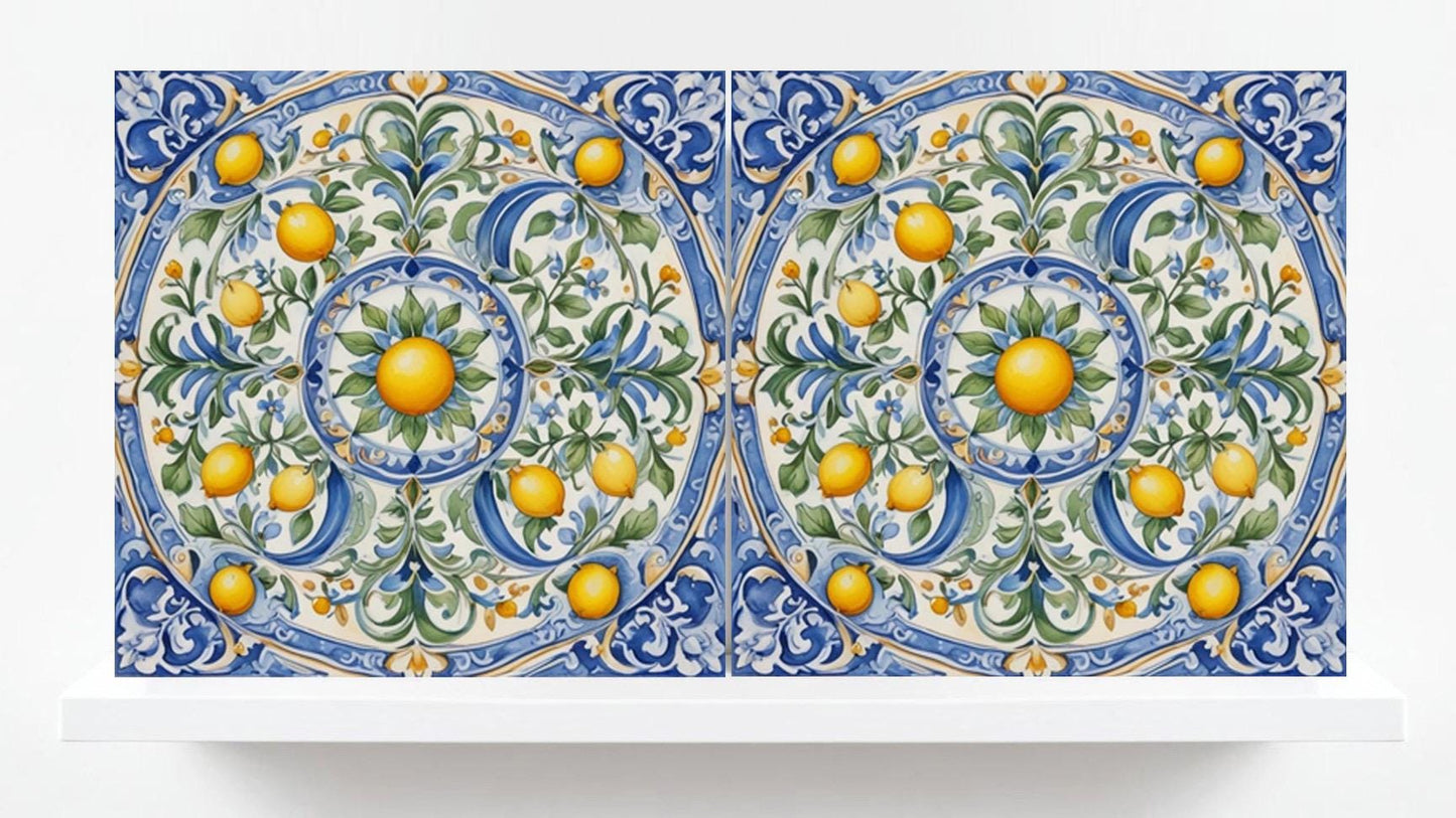 Italian Majolica Lemon Tiles - Set of 2 Italian Wall Decor Tiles - Kitchen Backsplash Tiles, Table Decorative Tiles, Bathroom Tiles, Coaster
