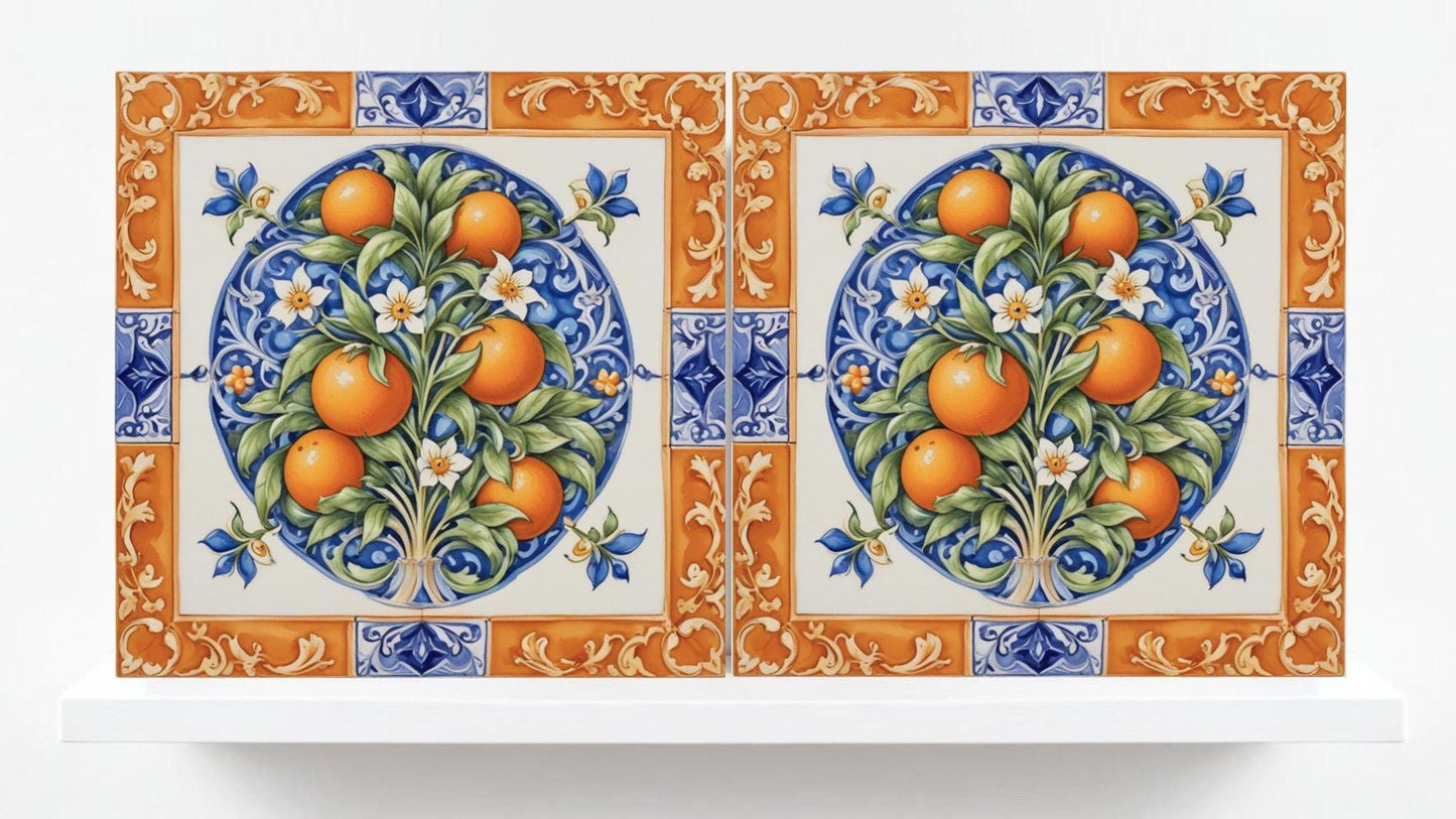 Italian Majolica Orange Tiles -Set of 2 Italian Wall Decor Tiles - Kitchen Backsplash Tiles, Table Decorative Tiles, Bathroom Tiles, Coaster