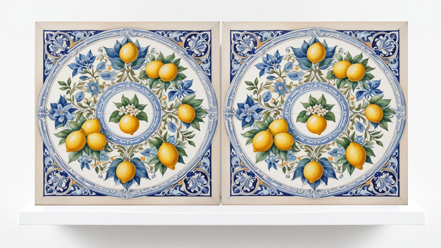 Italian Majolica Lemon Tiles - Set of 2 Italian Wall Decor Tiles - Kitchen Backsplash Tiles, Table Decorative Tiles, Bathroom Tiles, Coaster