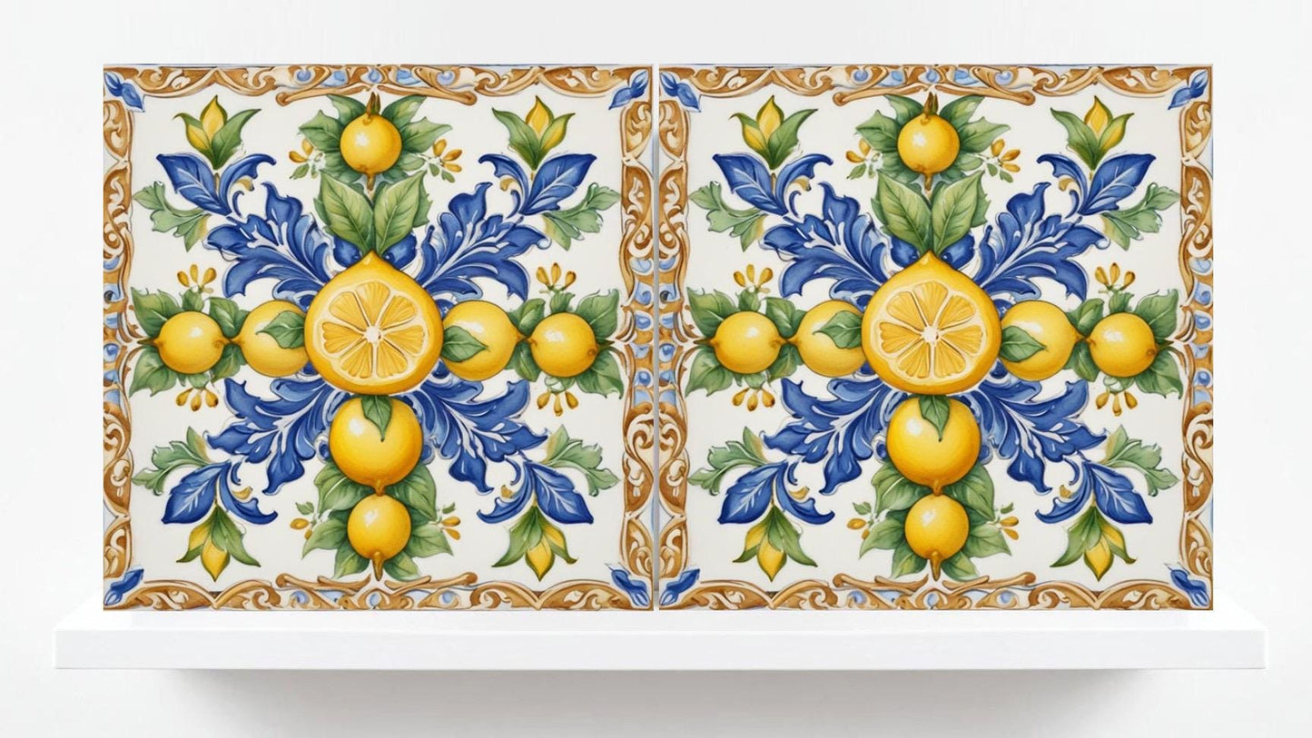 Italian Majolica Lemon Tiles - Set of 2 Italian Wall Decor Tiles - Kitchen Backsplash Tiles, Table Decorative Tiles, Bathroom Tiles, Coaster