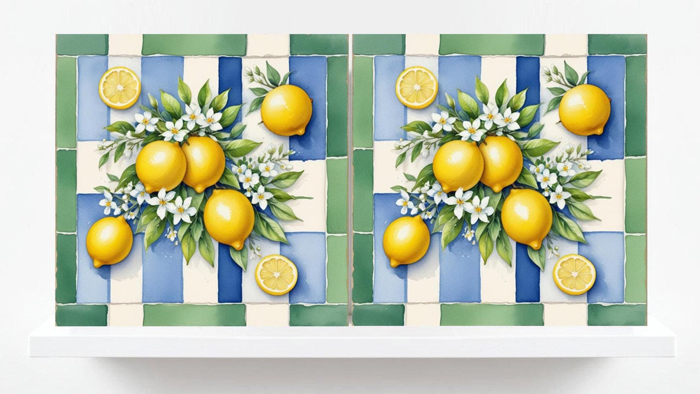 Italian Majolica Lemon Tiles - Set of 2 Italian Wall Decor Tiles - Kitchen Backsplash Tiles, Table Decorative Tiles, Bathroom Tiles, Coaster