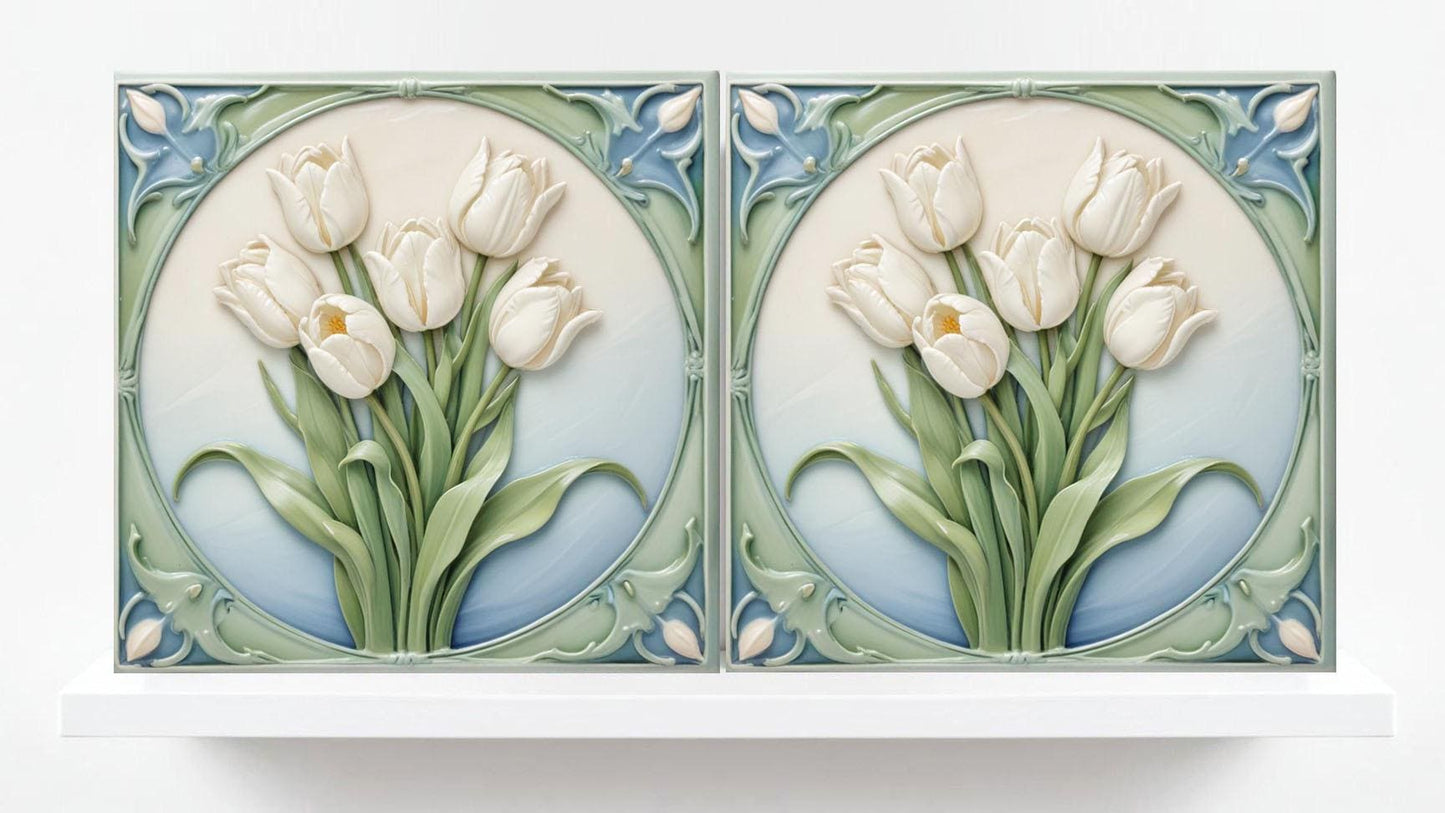 Art Nouveau Ceramic Tulip Tiles - Set of 2 Art Nouveau Wall Decor Tiles - Kitchen Backsplash Tiles, Table Decorative Tiles, Bathroom Tiles
