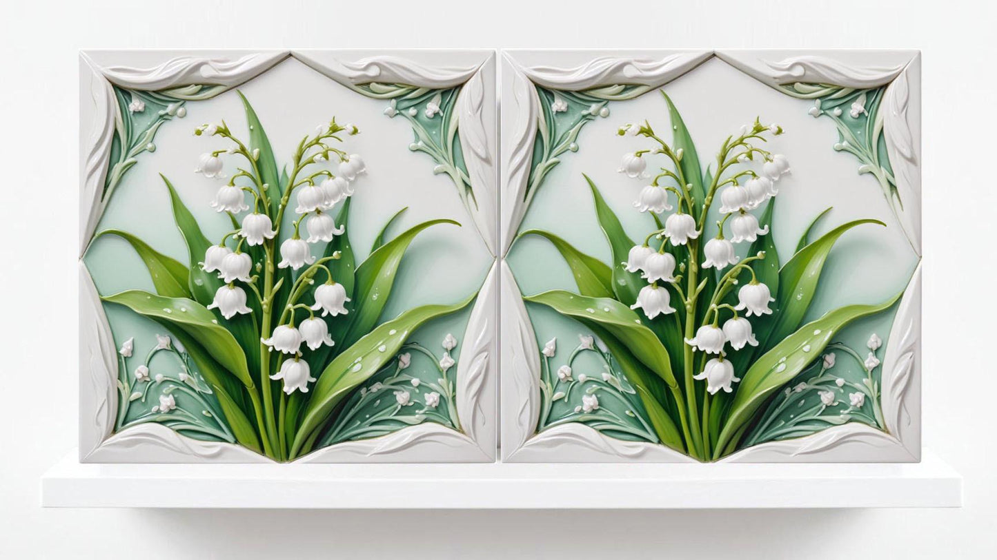 Lily of The Valley Tile Art Nouveau Flower Print Ceramic Tiles - Set of 2 Art Nouveau Wall Decor Tiles - Kitchen Backsplash Tiles, Bathroom