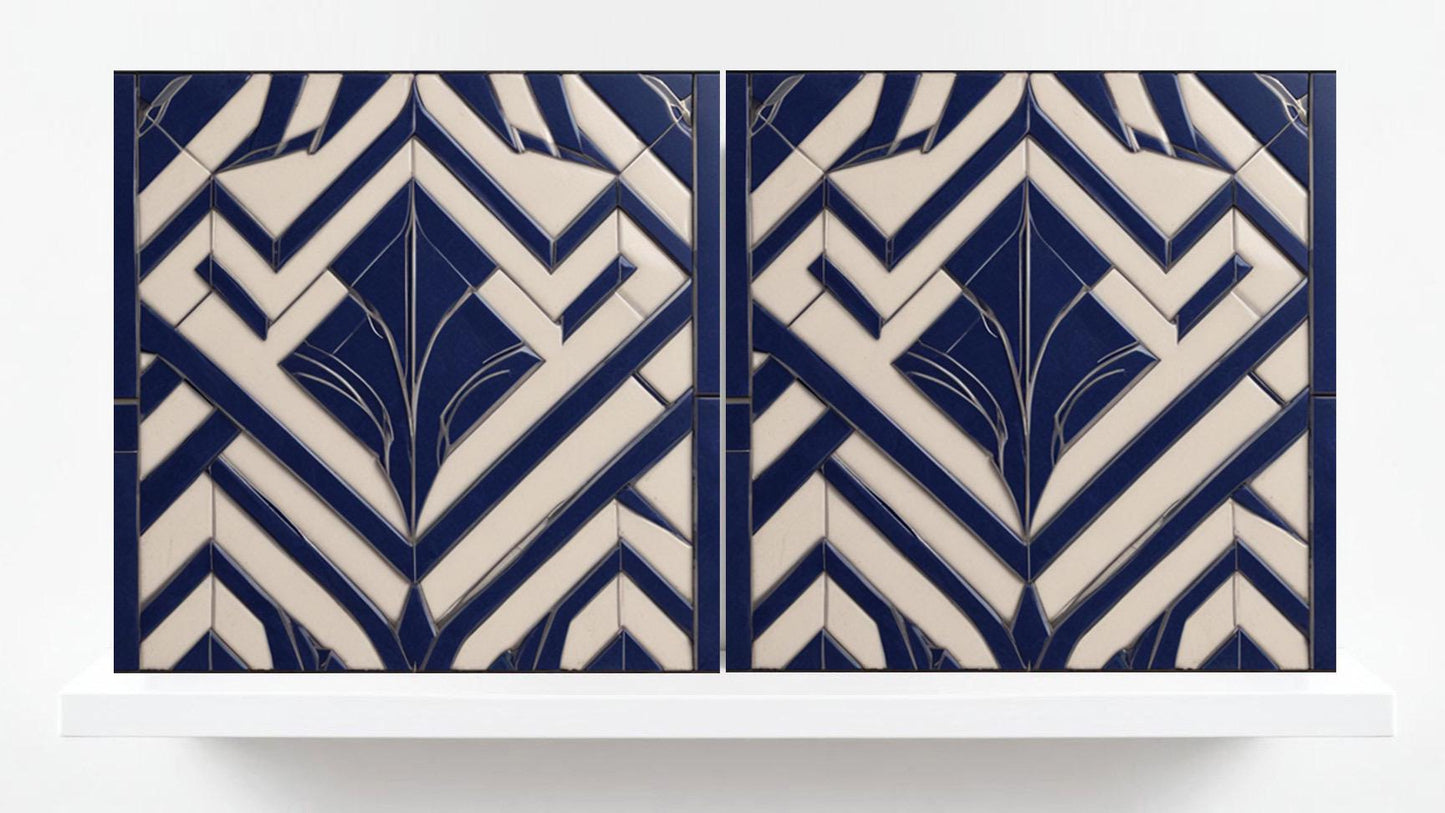 Art Deco Ceramic tiles Blue- Set of 2 Art Deco Wall Decor Geometric Tiles - Kitchen Backsplash Tiles, Table Decorative Tiles, Bathroom Tiles