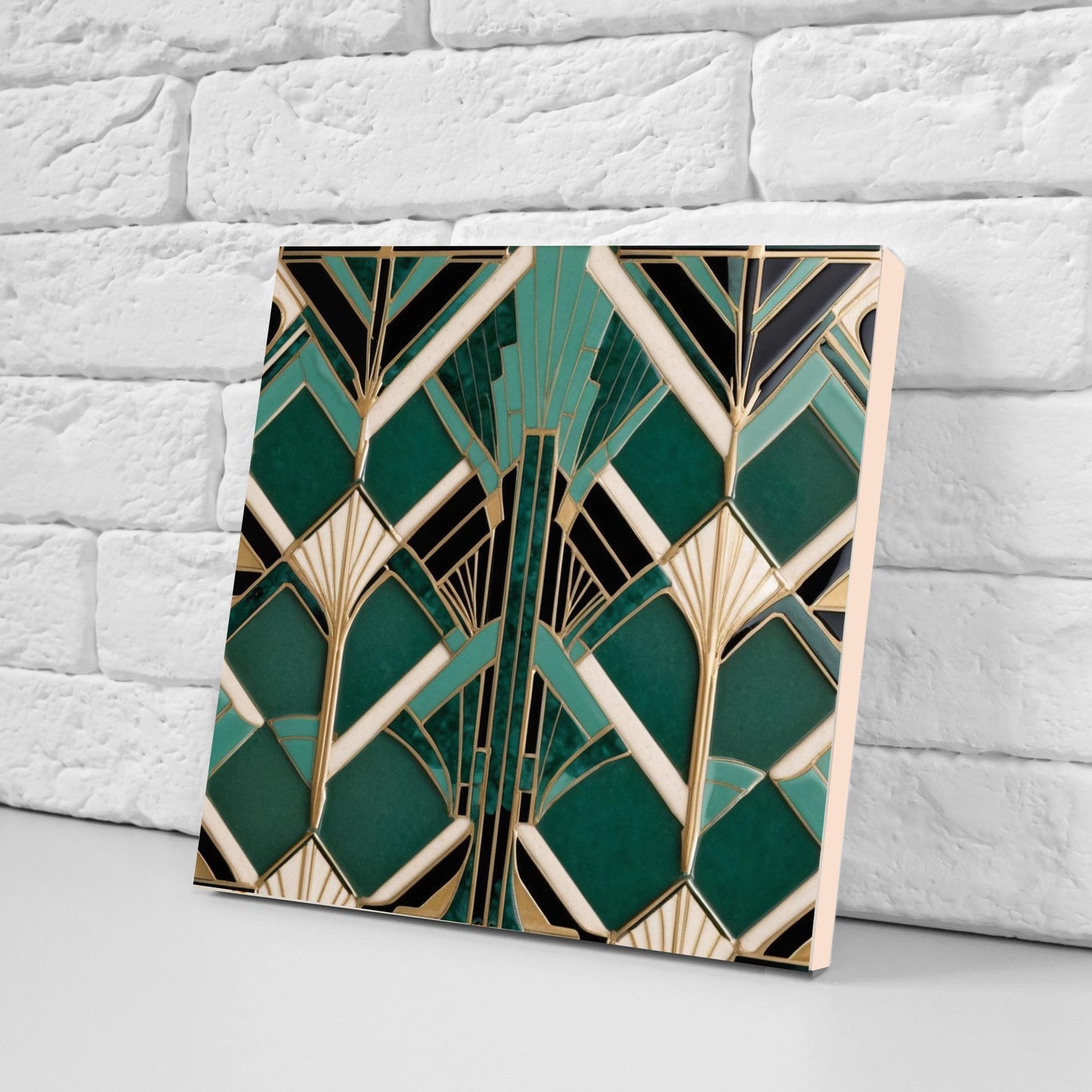 Art Deco Ceramic Tiles Green- Set of 2 Art Deco Wall Decor Geometric Tiles - Kitchen Backsplash Tiles,Table Decorative Tiles, Bathroom Tiles