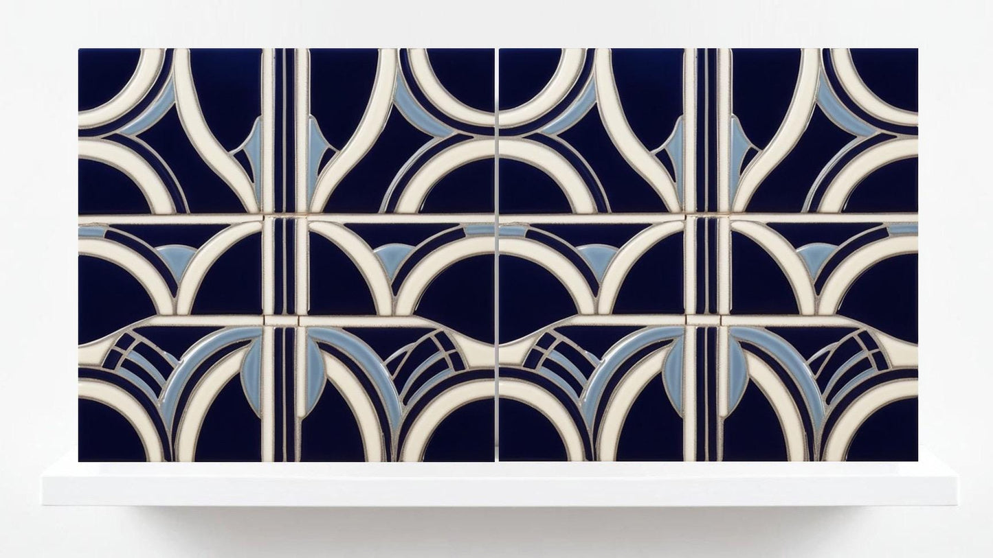 Art Deco Ceramic tiles Blue -Set of 2 Art Deco Wall Decor Geometric Tiles - Kitchen Backsplash Shower Tiles, Bathroom Tiles Sink Splashback
