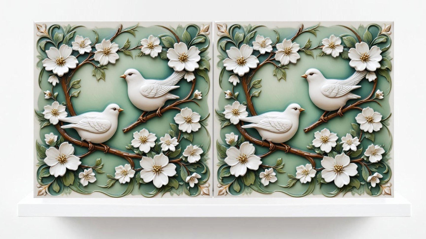 Art Nouveau Bird and Flower Ceramic tiles -Set of 2 Art Nouveau Bird Wall Decor Tiles,Bird Tiles -Kitchen Backsplash Tiles,Bathroom Tiles
