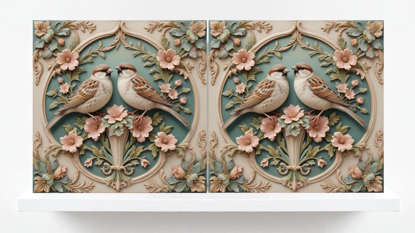 Art Nouveau Bird Ceramic tiles - Set of 2 Art Nouveau Bird Sparrow Print Wall Decor Tiles - Kitchen Backsplash Tiles, Bathroom Shower Tiles
