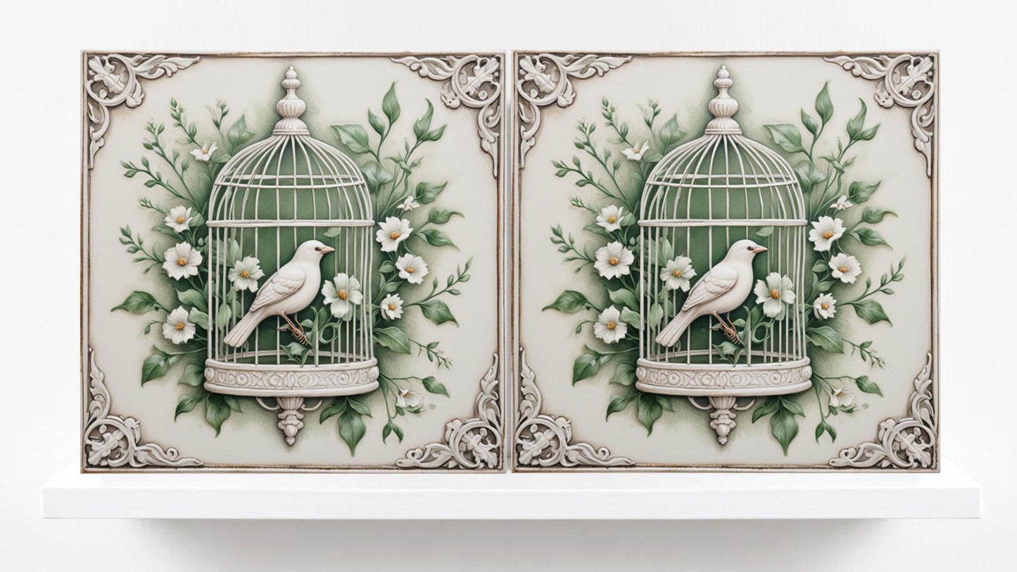 Art Nouveau Bird and Flower Ceramic tiles -Set of 2 Art Nouveau Bird Wall Decor Tiles,Bird Tiles -Kitchen Backsplash Tiles,Bathroom Decor