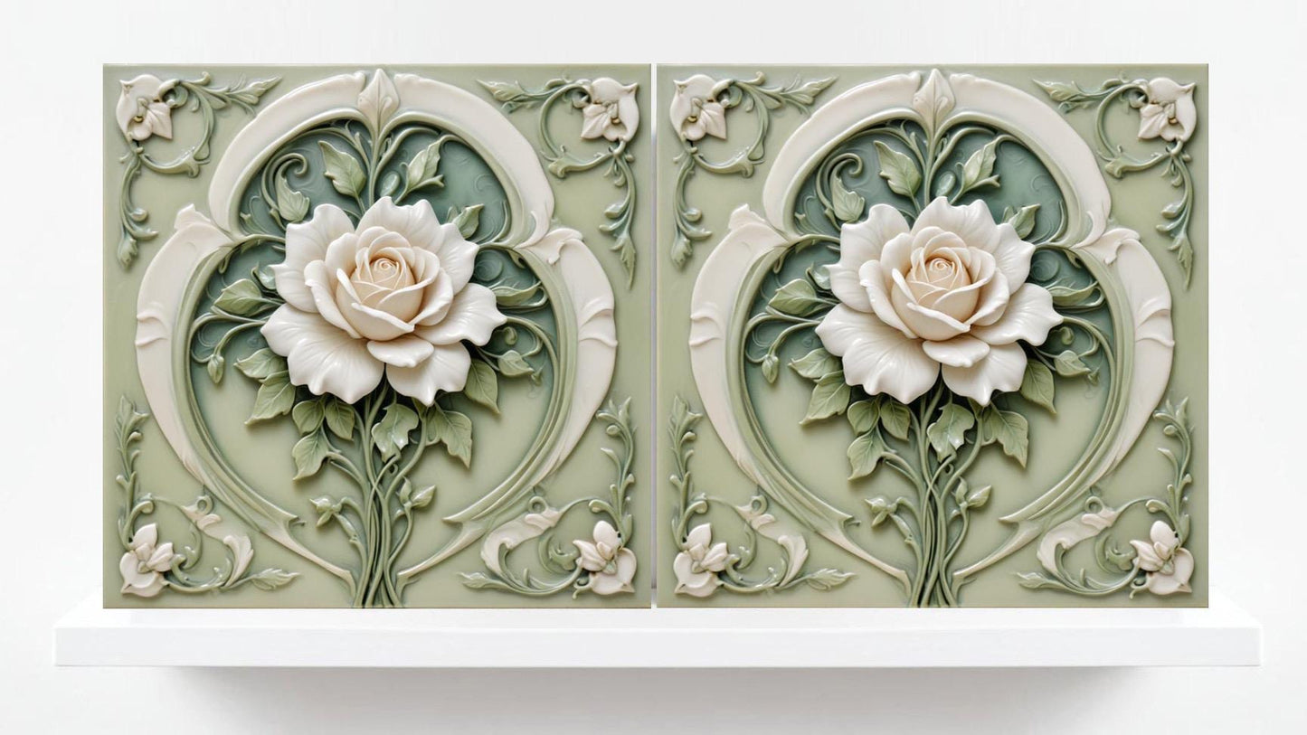 Art Nouveau Tile Rose Flower Ceramic Tiles - Set of 2 Green Art Nouveau Tiles Wall Decor -Kitchen Backsplash Tiles,Bathroom, Shower Wall Art