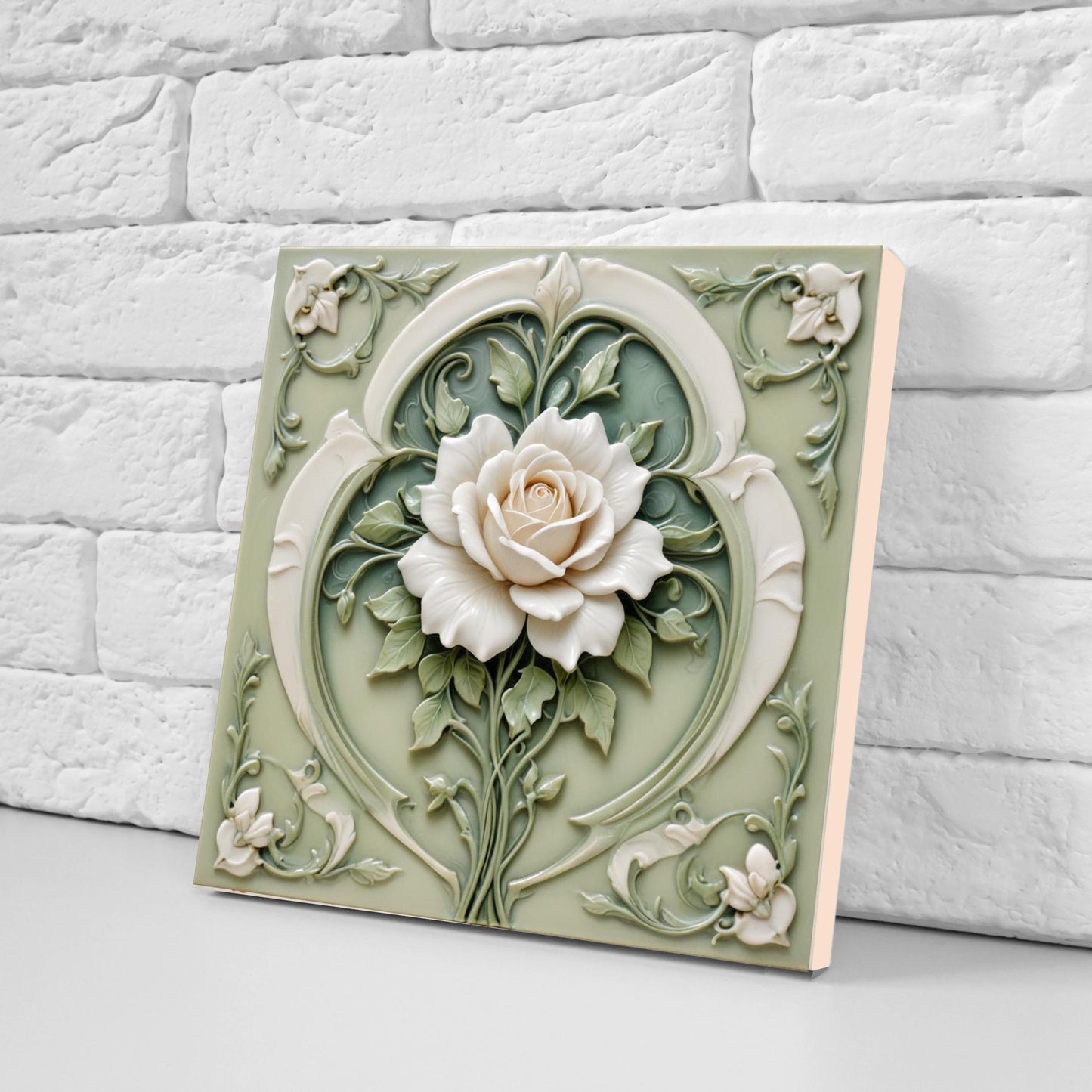 Art Nouveau Tile Rose Flower Ceramic Tiles - Set of 2 Green Art Nouveau Tiles Wall Decor -Kitchen Backsplash Tiles,Bathroom, Shower Wall Art