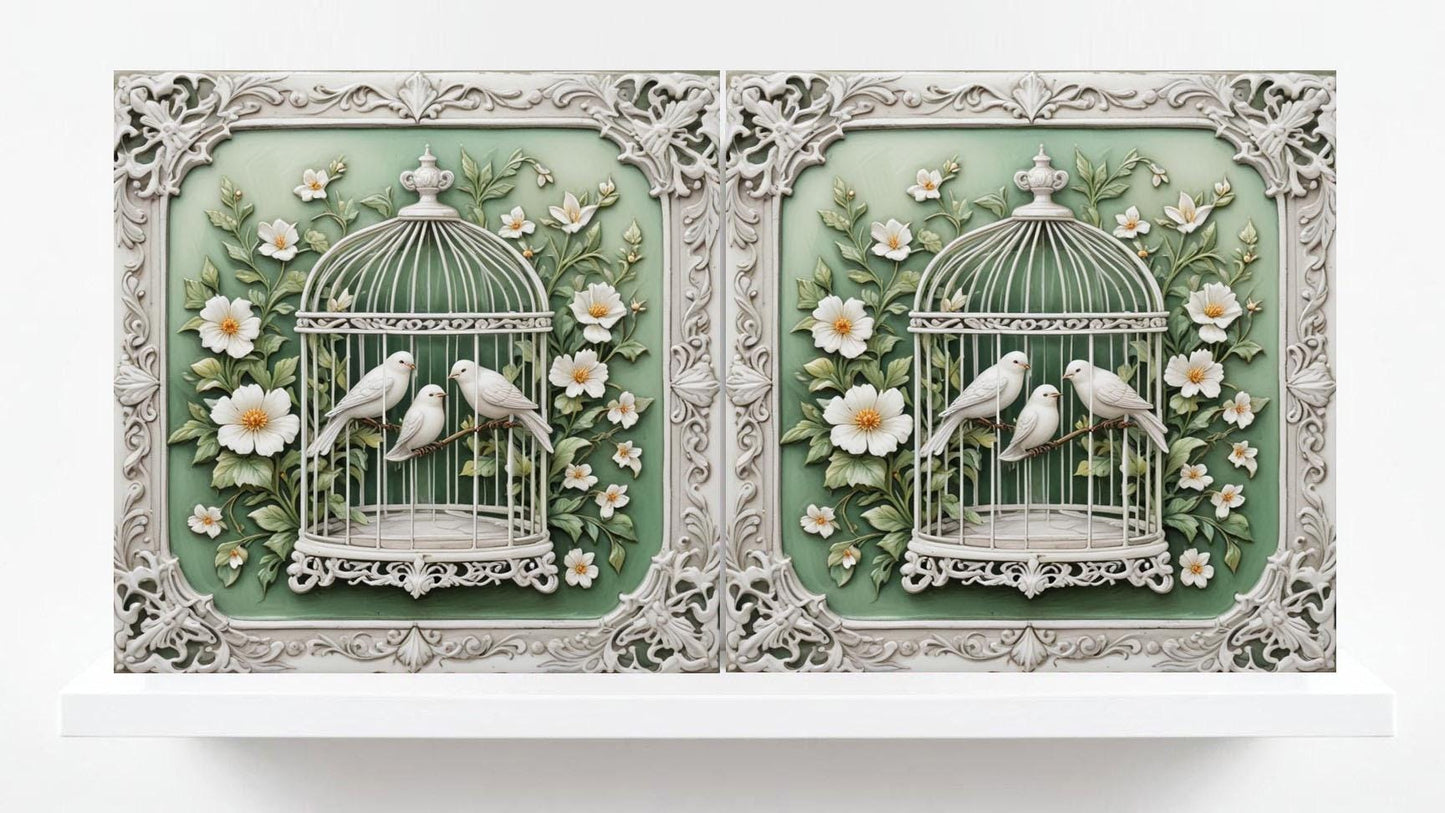 Art Nouveau Bird and Flower Ceramic tiles -Set of 2 Art Nouveau Bird Wall Decor Tiles,Bird Tiles -Kitchen Backsplash Tiles,Bathroom Decor