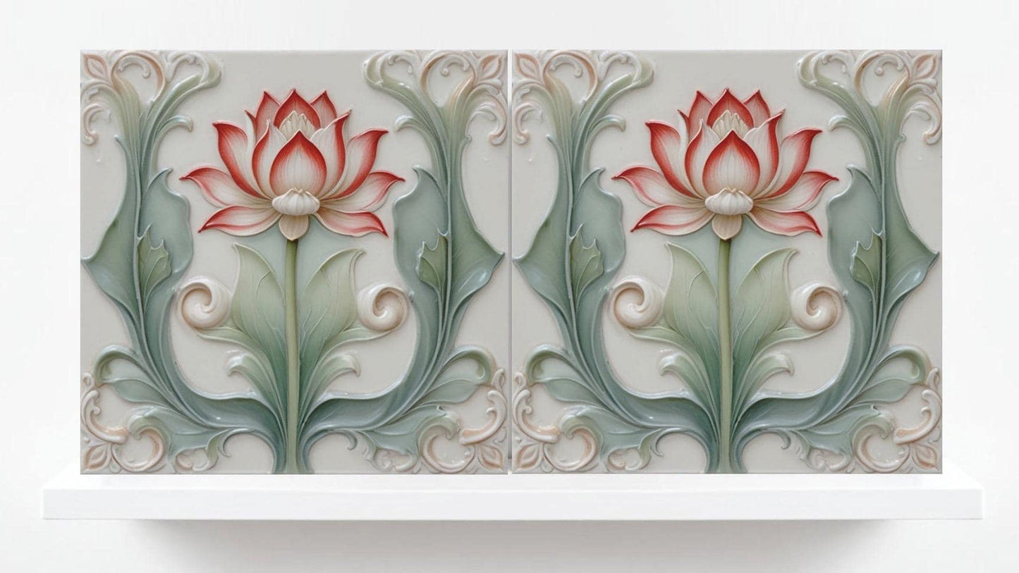 Lotus Tile Art Nouveau Flower Ceramic Tiles - Set of 2 Art Nouveau Wall Decor Tiles - Kitchen Backsplash Tiles, Shower Tiles, Bathroom Tiles