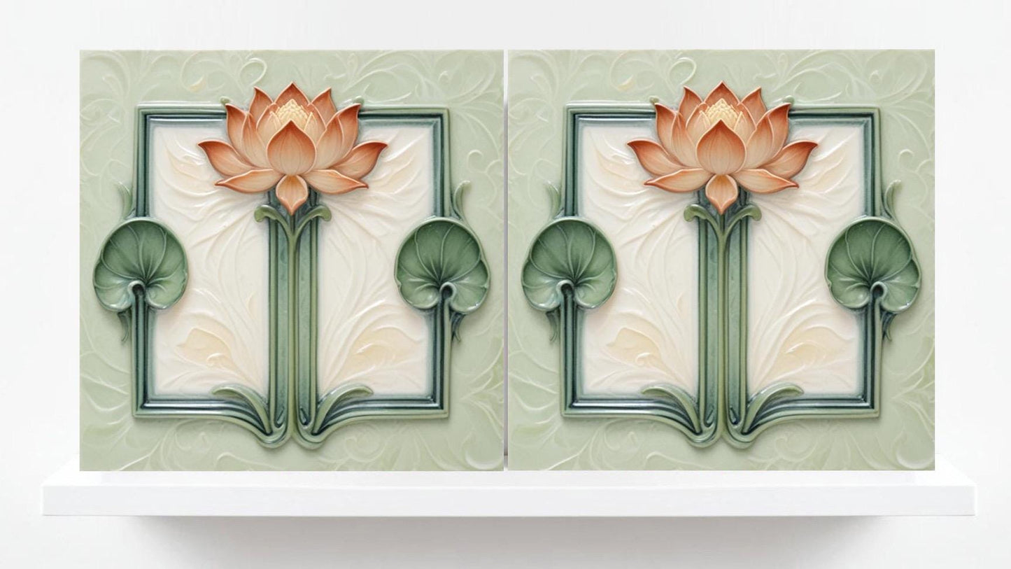 Lotus Tile Art Nouveau Flower Ceramic Tiles - Set of 2 Art Nouveau Wall Decor Tiles - Kitchen Backsplash Tiles, Shower Tiles, Bathroom Tiles