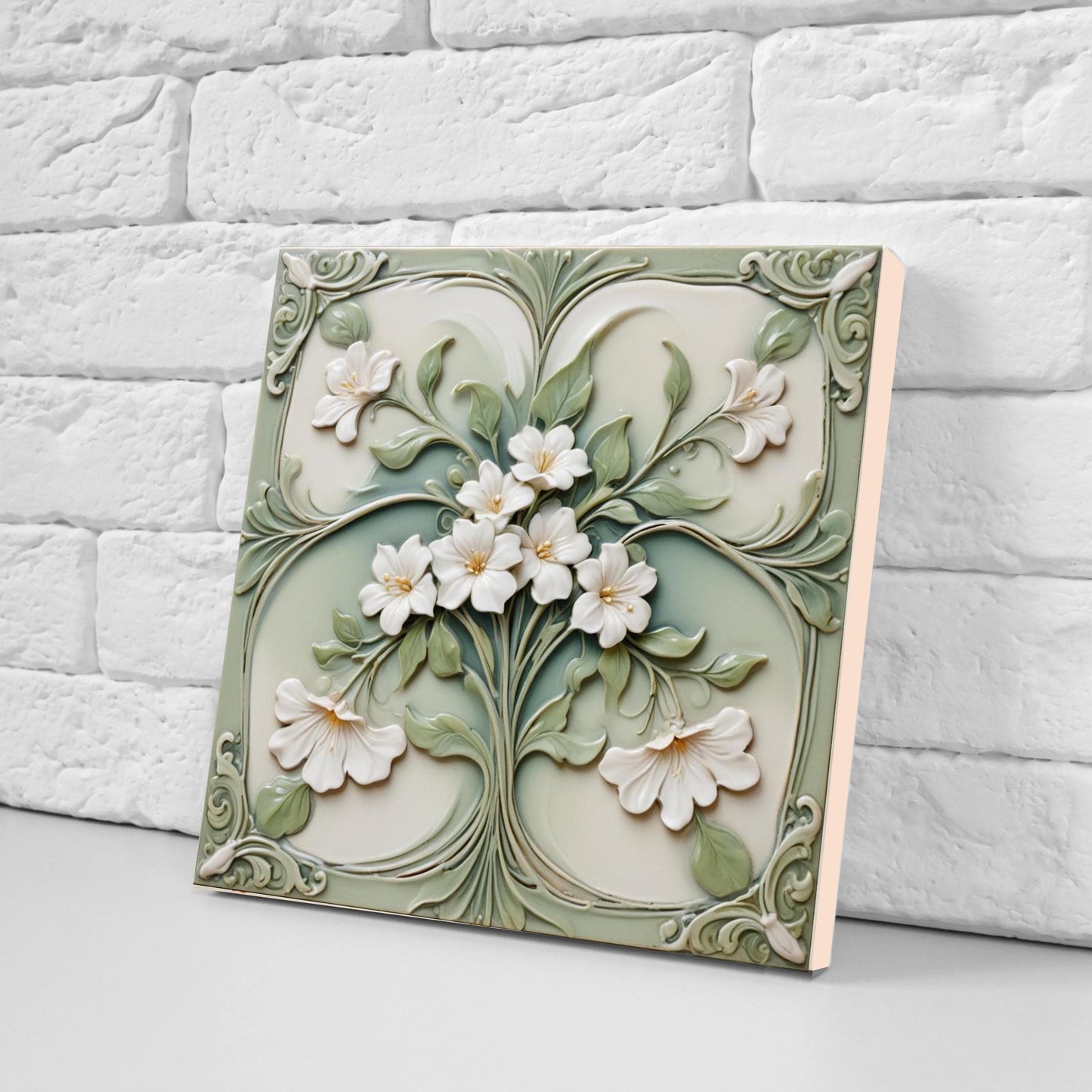 Jasmine Tile Art Nouveau Flower Ceramic tiles - Set of 2 Wall Decor Tiles - Botanical Print, Kitchen Backsplash Tiles,Bathroom Shower Decor