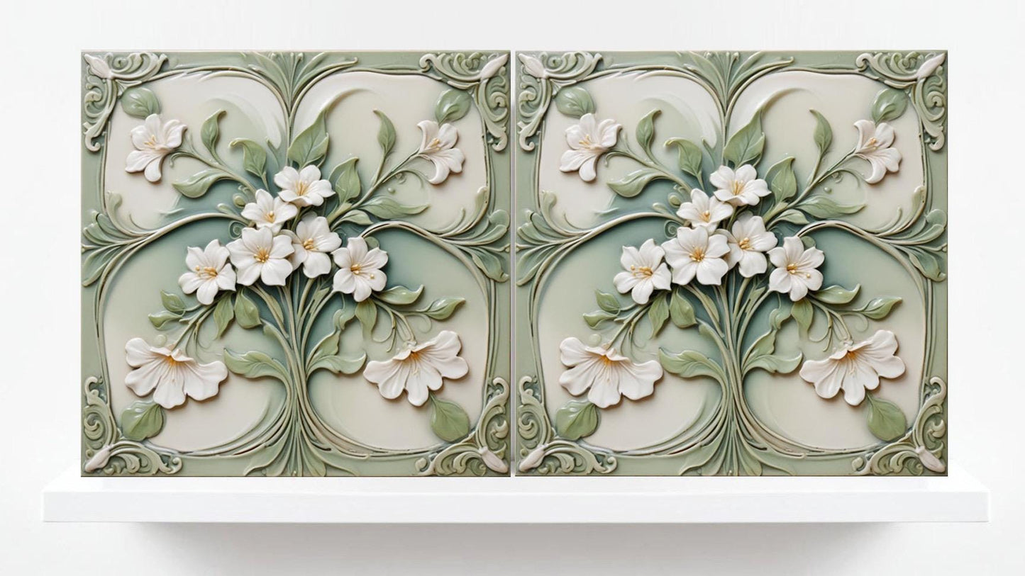 Jasmine Tile Art Nouveau Flower Ceramic tiles - Set of 2 Wall Decor Tiles - Botanical Print, Kitchen Backsplash Tiles,Bathroom Shower Decor