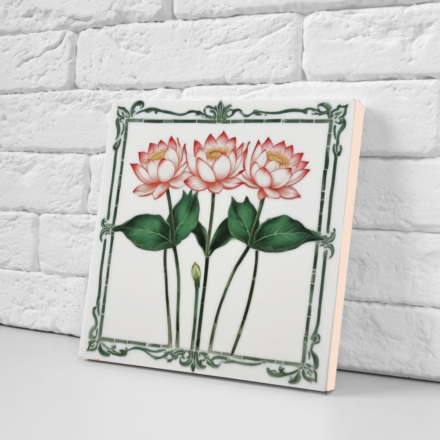 Lotus Tile Art Nouveau Flower Ceramic Tiles - Set of 2 Art Nouveau Wall Decor Tiles - Kitchen Backsplash Tiles, Shower Tiles, Bathroom Tiles