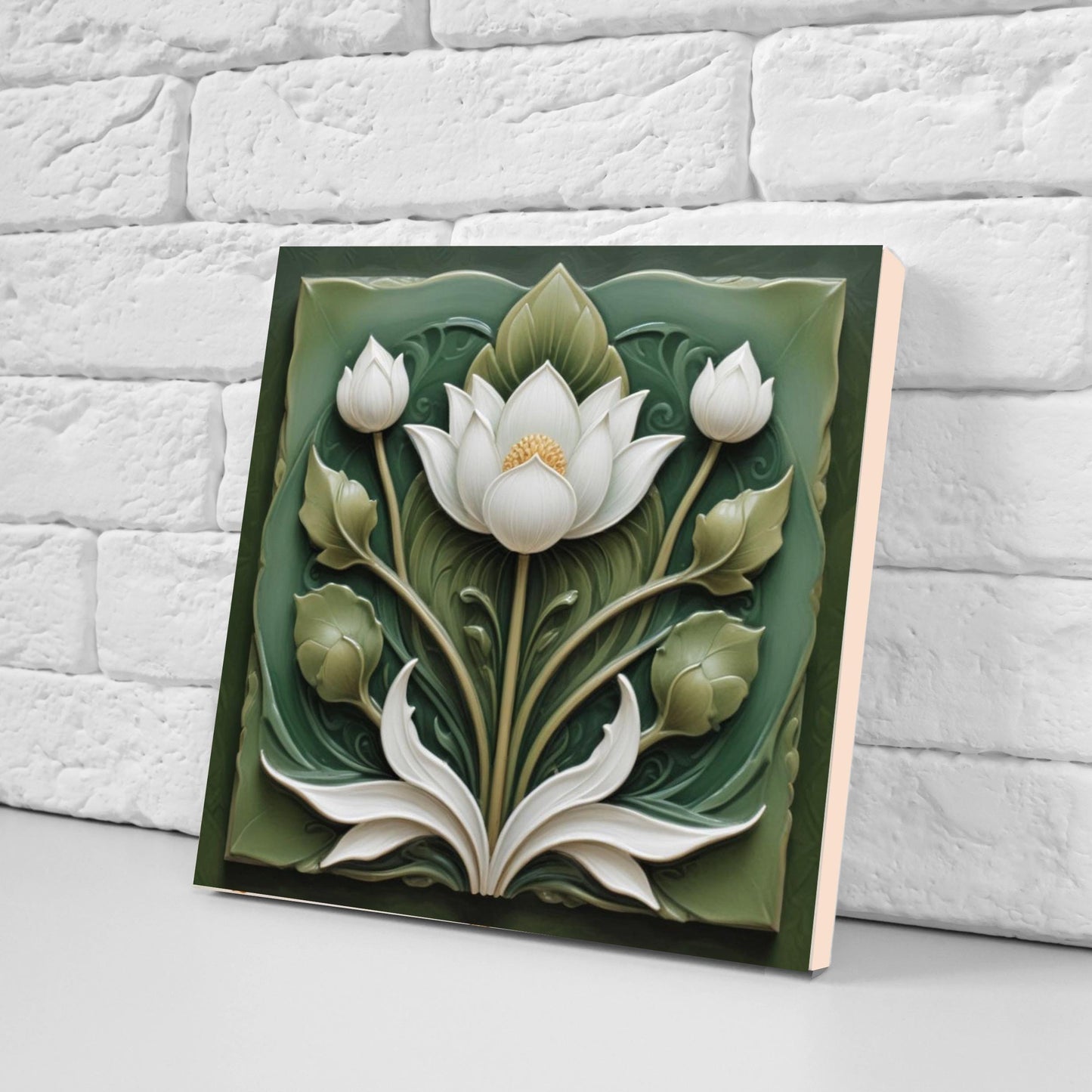 Lotus Tile Green Art Nouveau Tiles Flower Ceramic Tiles -Set of 2 Floral Wall Decor Tiles -Kitchen Backsplash Tiles,Shower Tiles,Bathroom