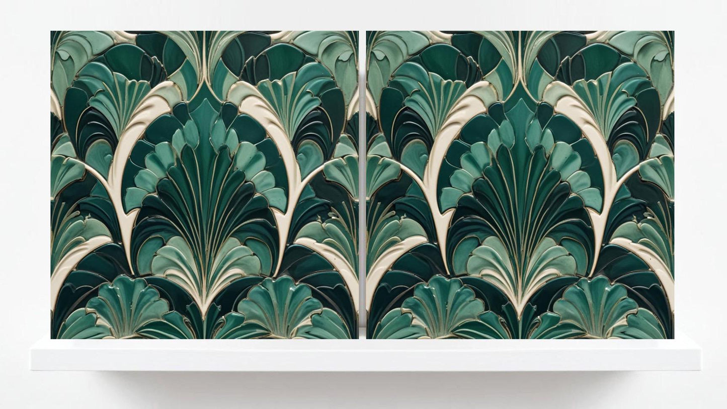 Art Deco Ceramic Tiles Green- Set of 2 Art Deco Wall Decor Geometric Tiles - Kitchen Backsplash Tiles,Table Decorative Tiles, Bathroom Tiles