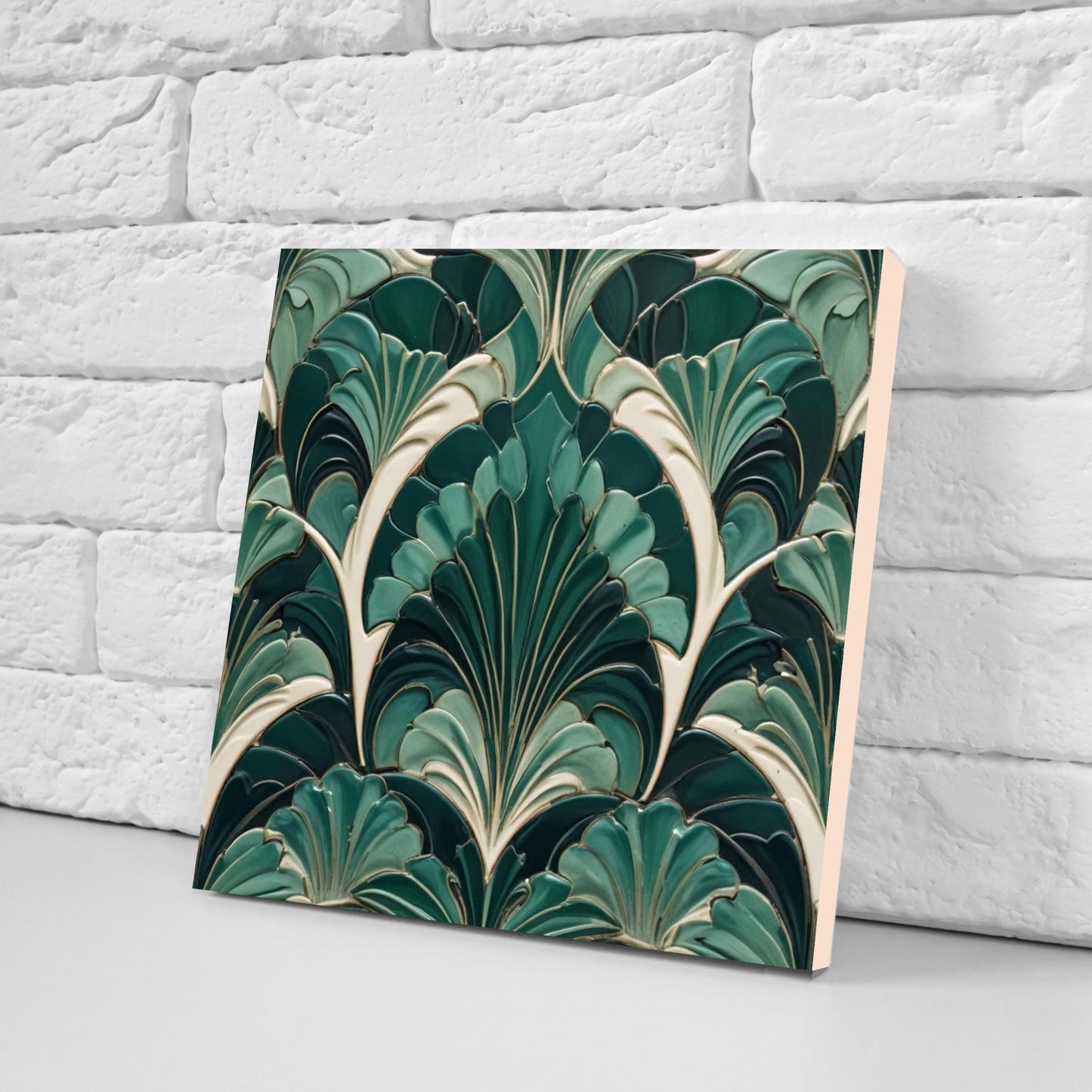Art Deco Ceramic Tiles Green- Set of 2 Art Deco Wall Decor Geometric Tiles - Kitchen Backsplash Tiles,Table Decorative Tiles, Bathroom Tiles