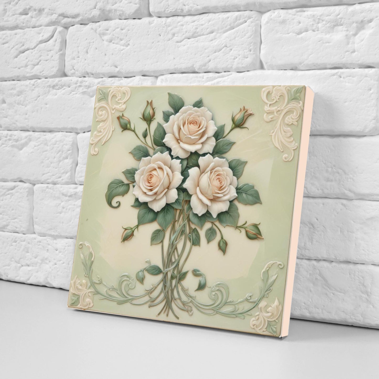 Art Nouveau Tile Rose Flower Ceramic Tiles - Set of 2 Botanical Wall Decor Tiles -Kitchen Backsplash ,Bathroom, Sink, Shower Wall Art Print