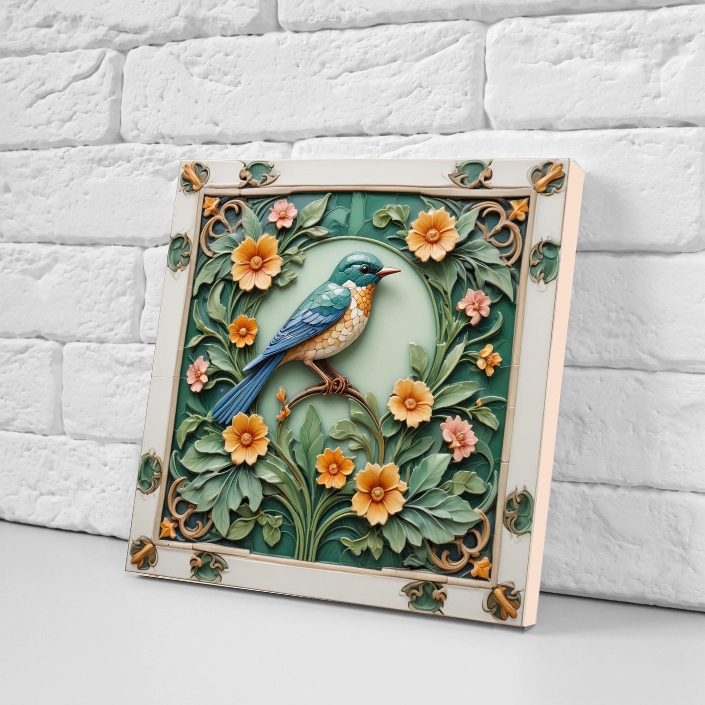 Art Nouveau Bird and Flower Ceramic tiles -Set of 2 Art Nouveau Bird Wall Decor Tiles,Bird Tiles -Kitchen Backsplash Tiles,Bathroom Tiles