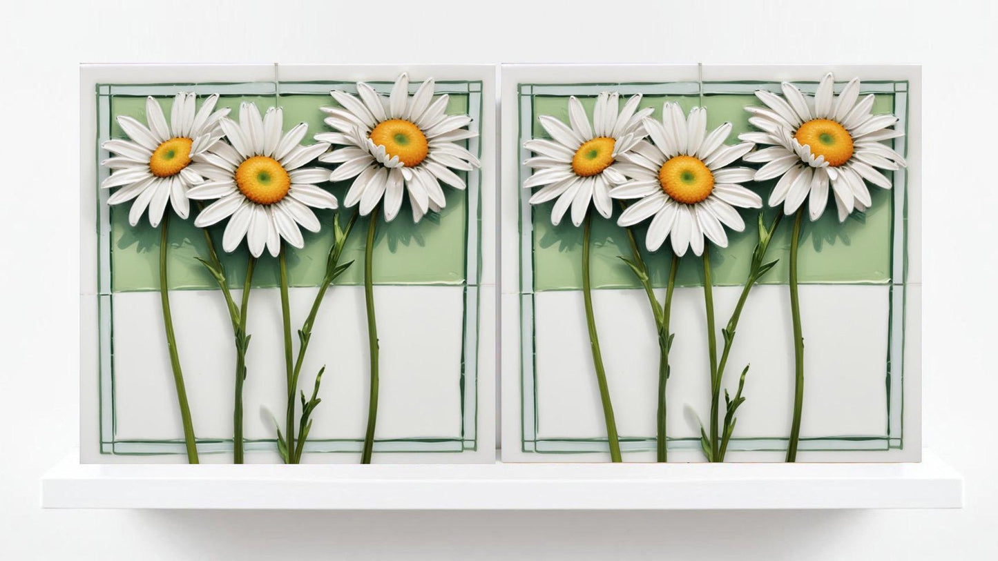 Floral Daisy Tiles Flowers Design - Set of 2 Flower Wall Decor Tiles,Kitchen Backsplash Tiles,Table Decorative Tiles, Bathroom Tiles,Coaster