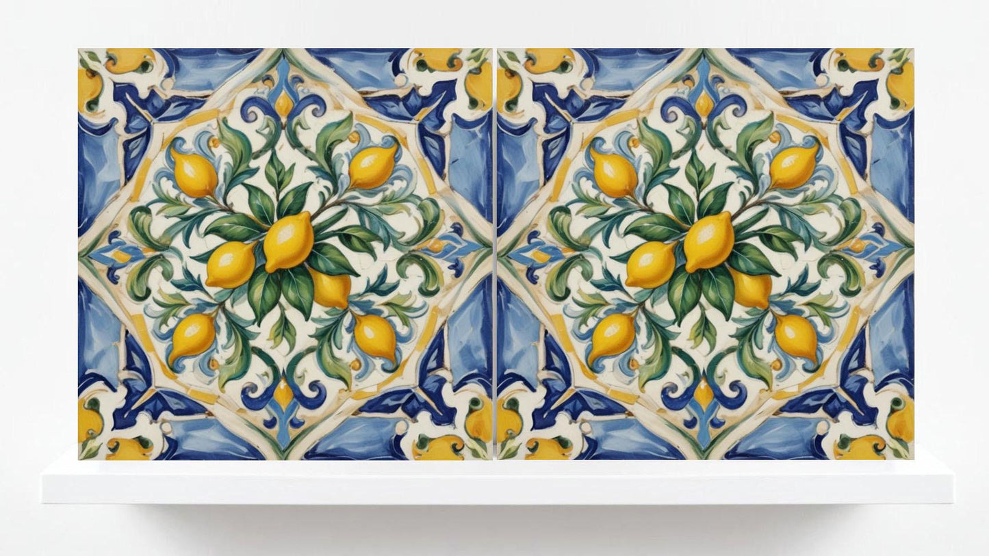 Italian Majolica Lemon Tiles - Set of 2 Italian Wall Decor Tiles - Kitchen Backsplash Tiles, Table Decorative Tiles, Bathroom Tiles, Coaster
