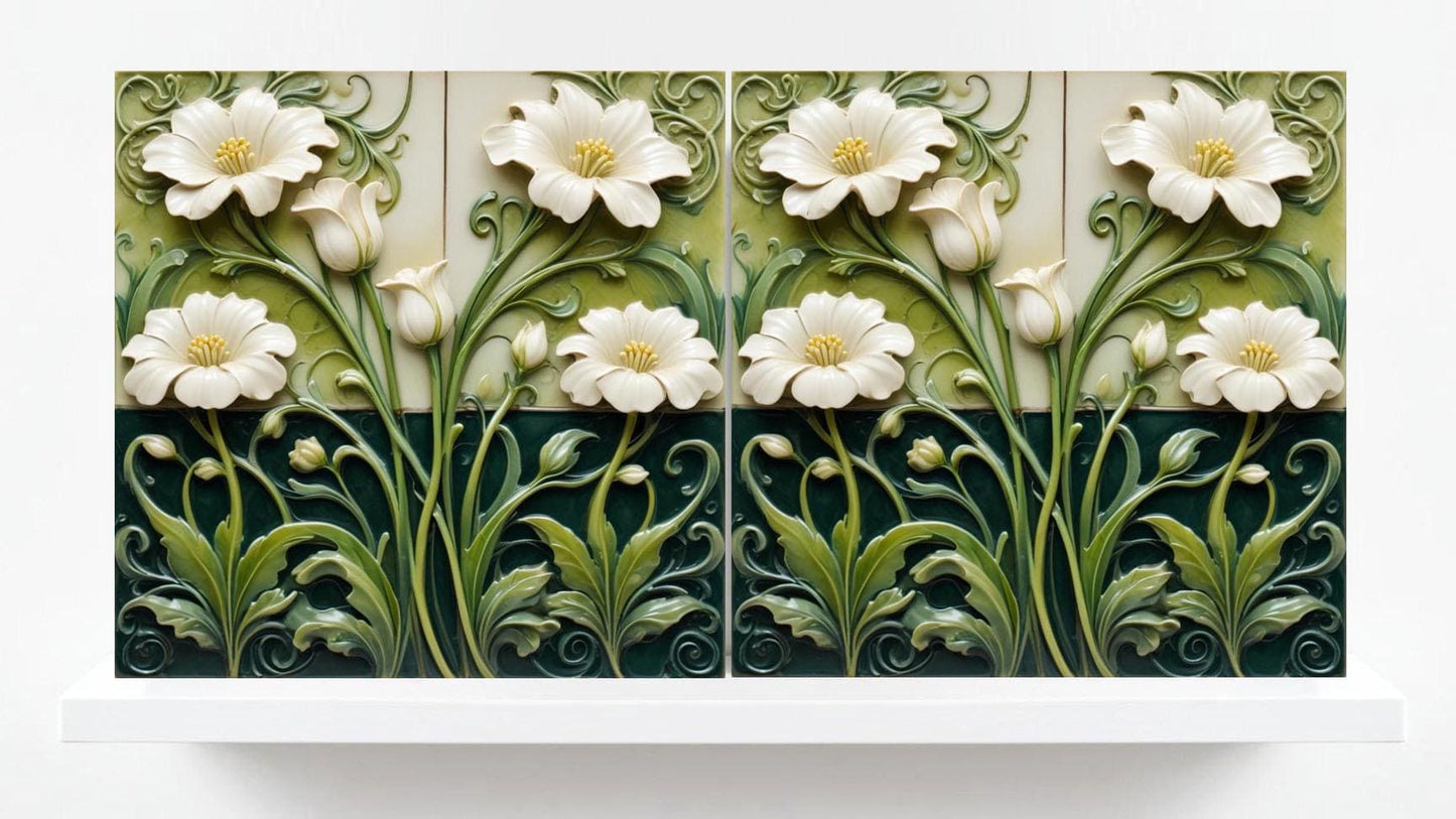Art Nouveau Flower Ceramic tiles - Set of 2 Art Nouveau Wall Decor Tiles - Kitchen Backsplash Tiles, Table Decorative Tiles, Bathroom Tiles
