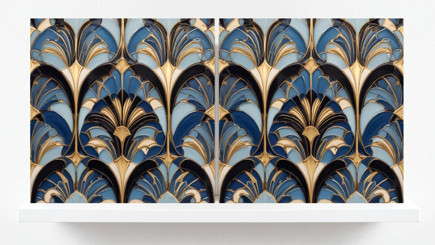 Art Deco Ceramic tiles Blue- Set of 2 Art Deco Wall Decor Geometric Tiles - Kitchen Backsplash Tiles, Table Decorative Tiles, Bathroom Tiles