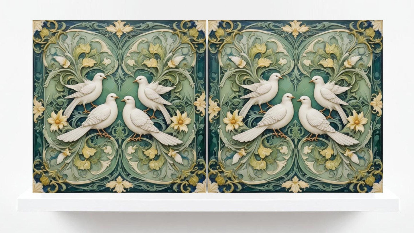 Art Nouveau Bird and Flower Ceramic tiles -Set of 2 Art Nouveau Bird Wall Decor Tiles,Bird Tiles -Kitchen Backsplash Tiles,Bathroom Tiles