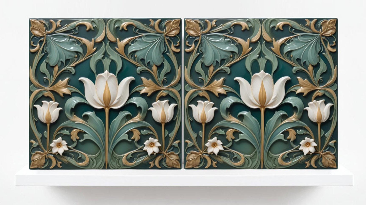 Tulip Tile Art Nouveau Flower Ceramic Tiles - Set of 2 Art Nouveau Green Wall Decor Tiles - Kitchen Backsplash Tiles, Bathroom, Shower, Sink