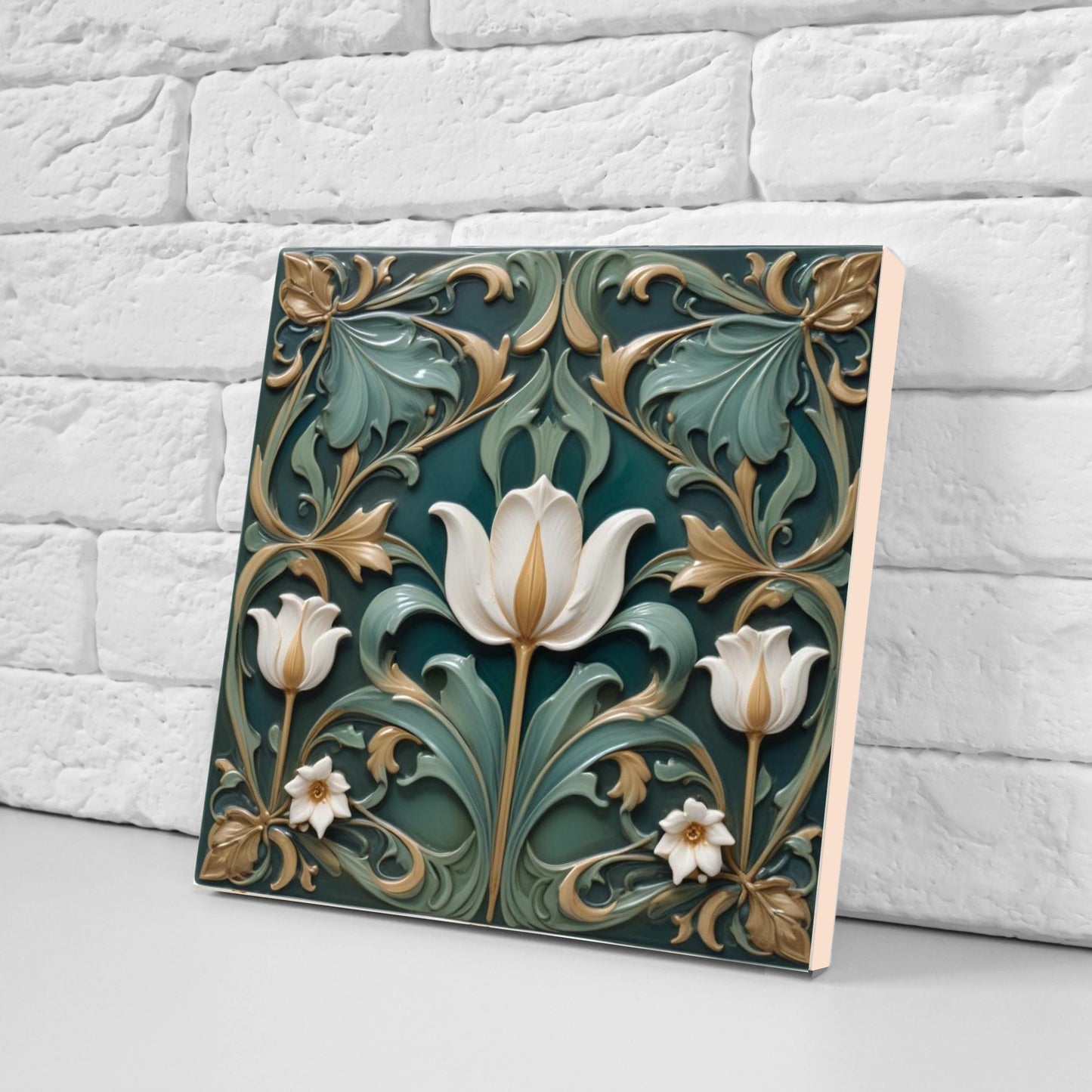 Tulip Tile Art Nouveau Flower Ceramic Tiles - Set of 2 Art Nouveau Green Wall Decor Tiles - Kitchen Backsplash Tiles, Bathroom, Shower, Sink