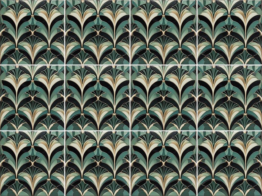 Art Deco Ceramic Tiles Green- Set of 2 Art Deco Wall Decor Geometric Tiles - Kitchen Backsplash Tiles,Table Decorative Tiles, Bathroom Tiles